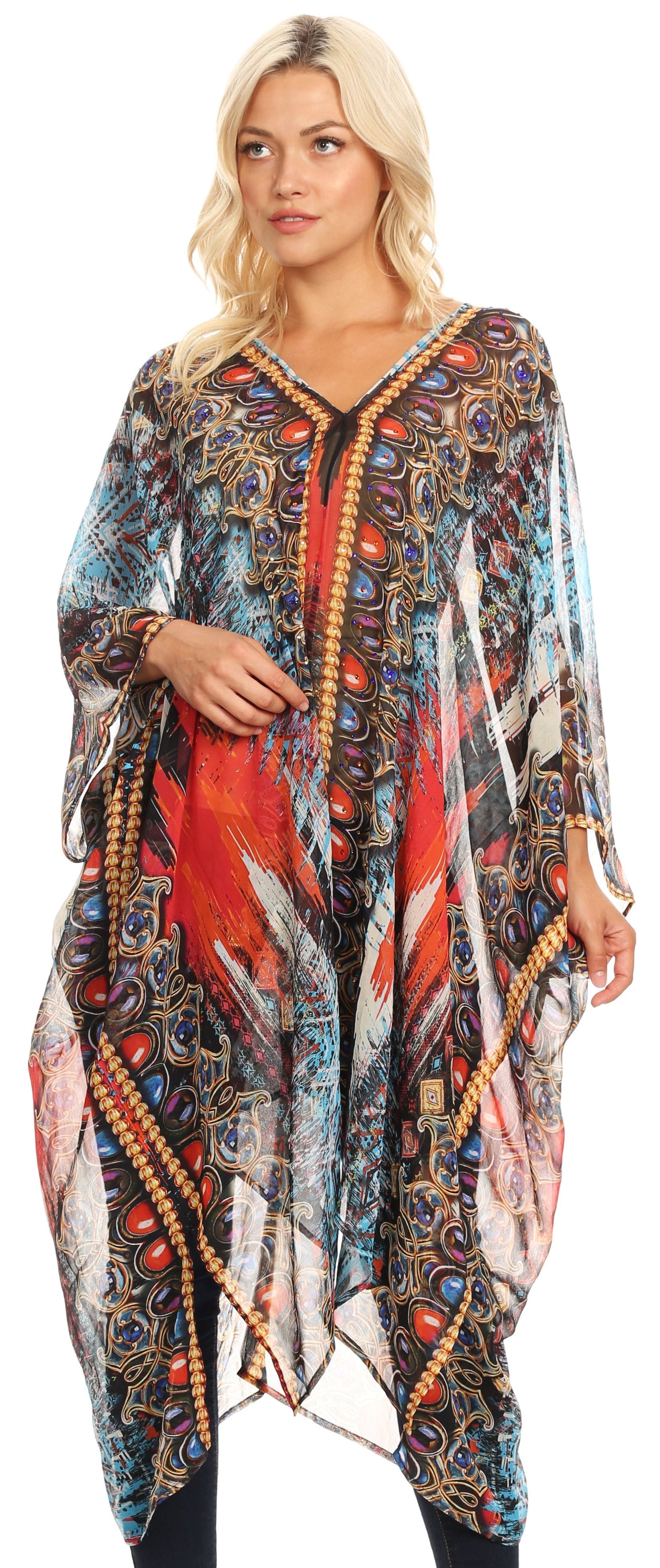 Sakkas Livi Women's V Neck Beach Dress Cover up Caftan Top Loose with Rhinestone - Concordia Style Boutique