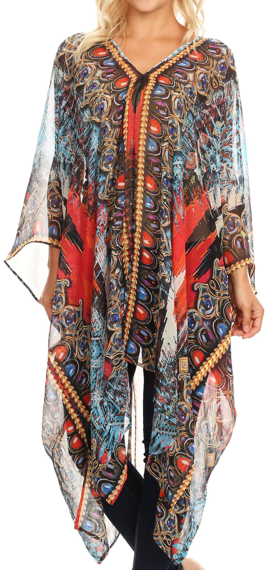 Sakkas Livi Women's V Neck Beach Dress Cover up Caftan Top Loose with Rhinestone - Concordia Style Boutique