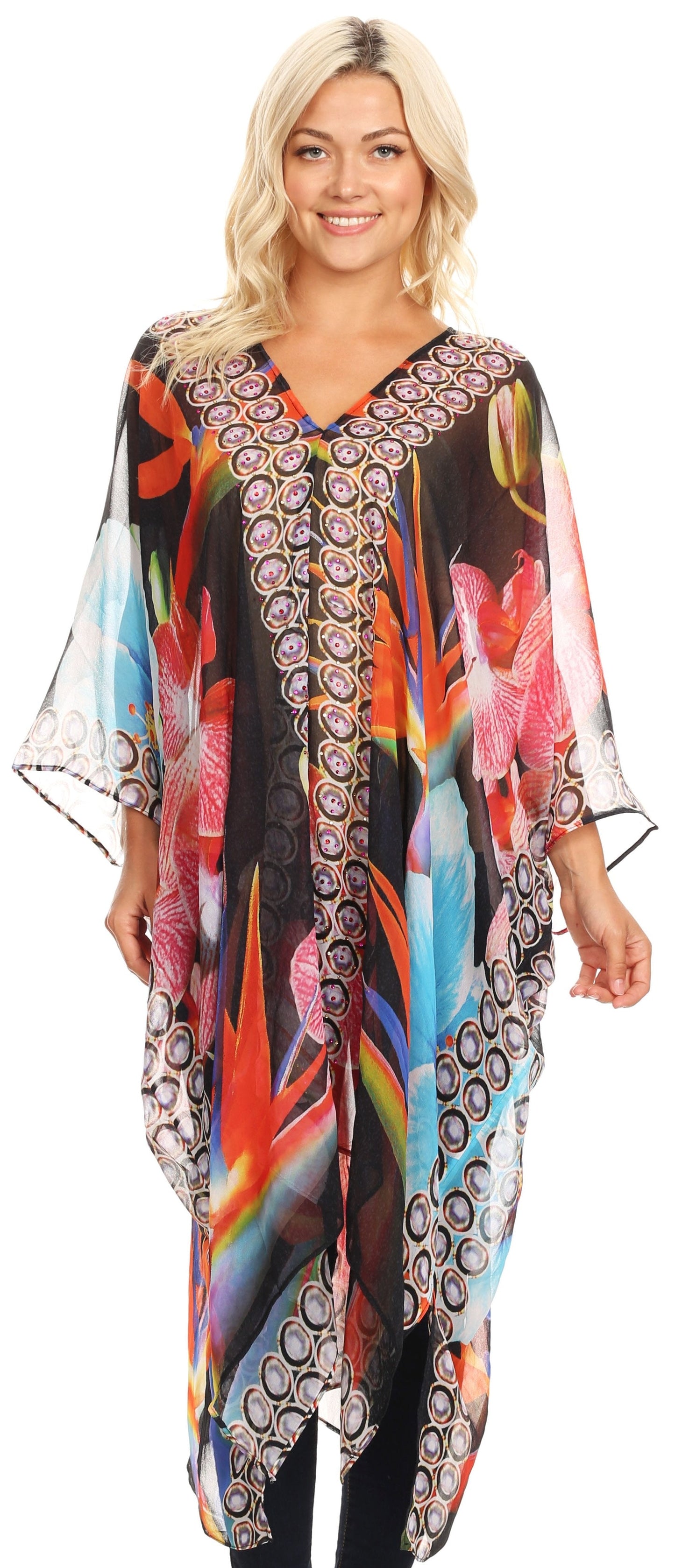 Sakkas Livi Women's V Neck Beach Dress Cover up Caftan Top Loose with Rhinestone - Concordia Style Boutique