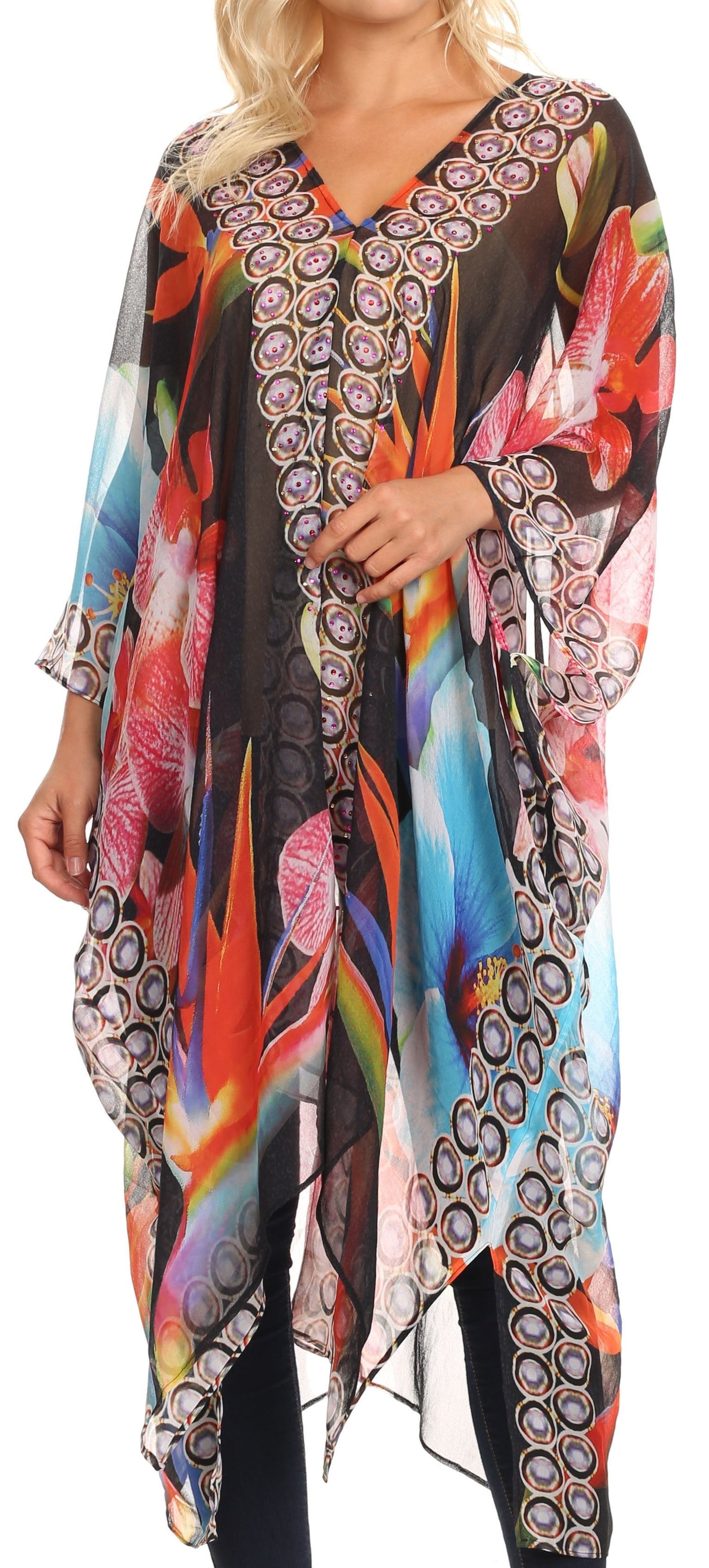 Sakkas Livi Women's V Neck Beach Dress Cover up Caftan Top Loose with Rhinestone - Concordia Style Boutique