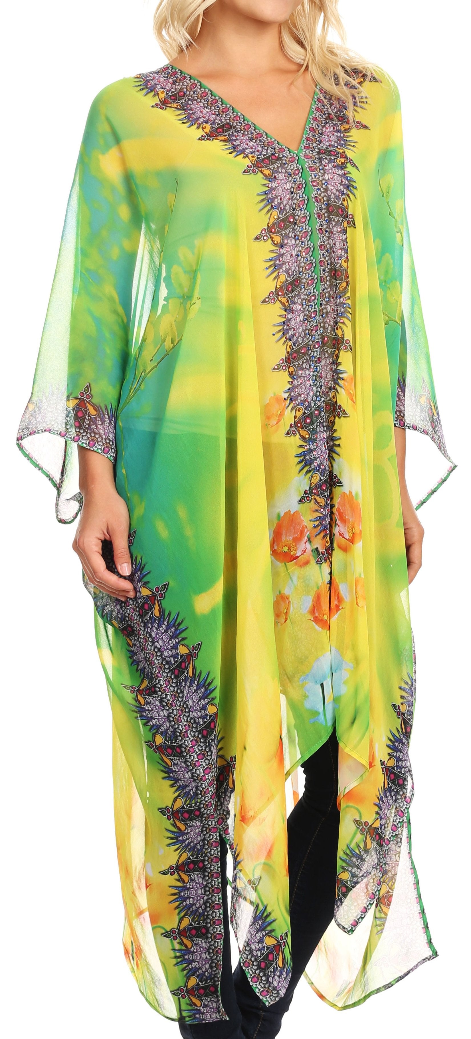 Sakkas Livi Women's V Neck Beach Dress Cover up Caftan Top Loose with Rhinestone - Concordia Style Boutique