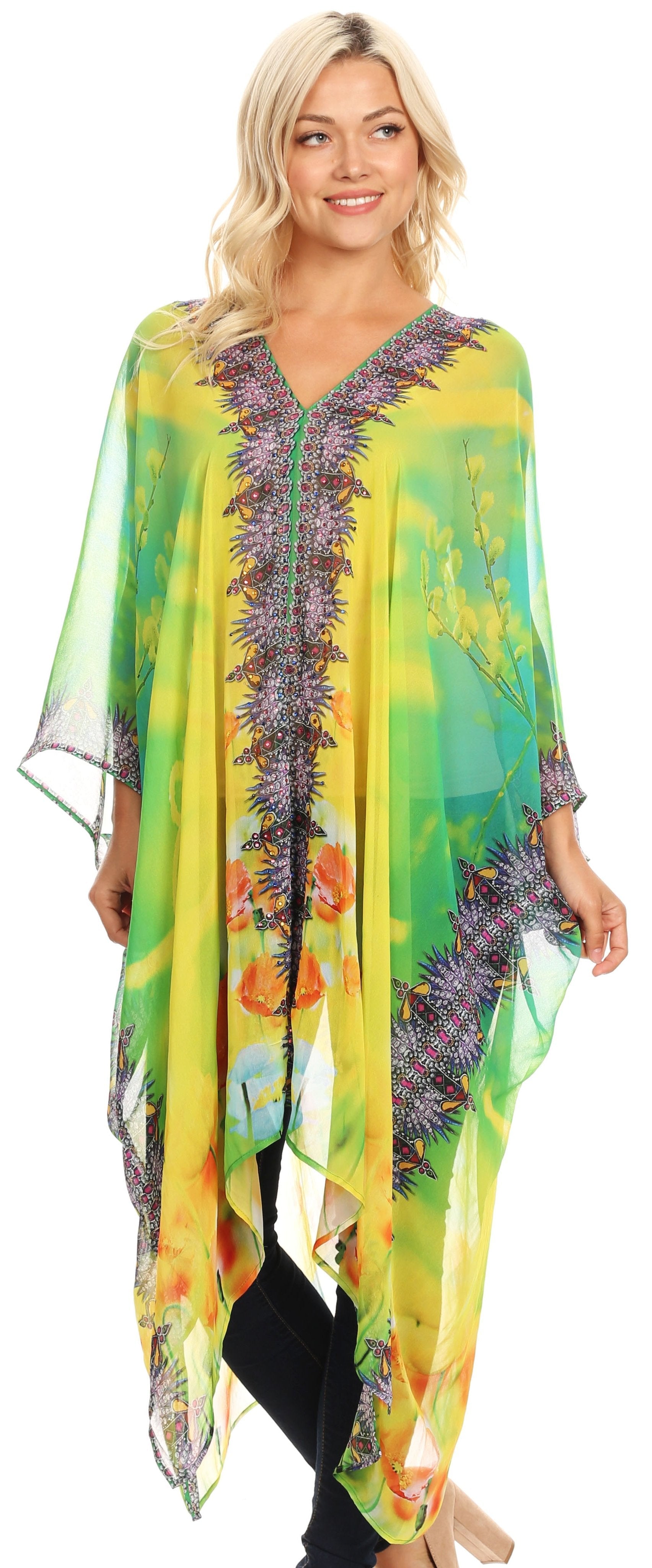 Sakkas Livi Women's V Neck Beach Dress Cover up Caftan Top Loose with Rhinestone - Concordia Style Boutique