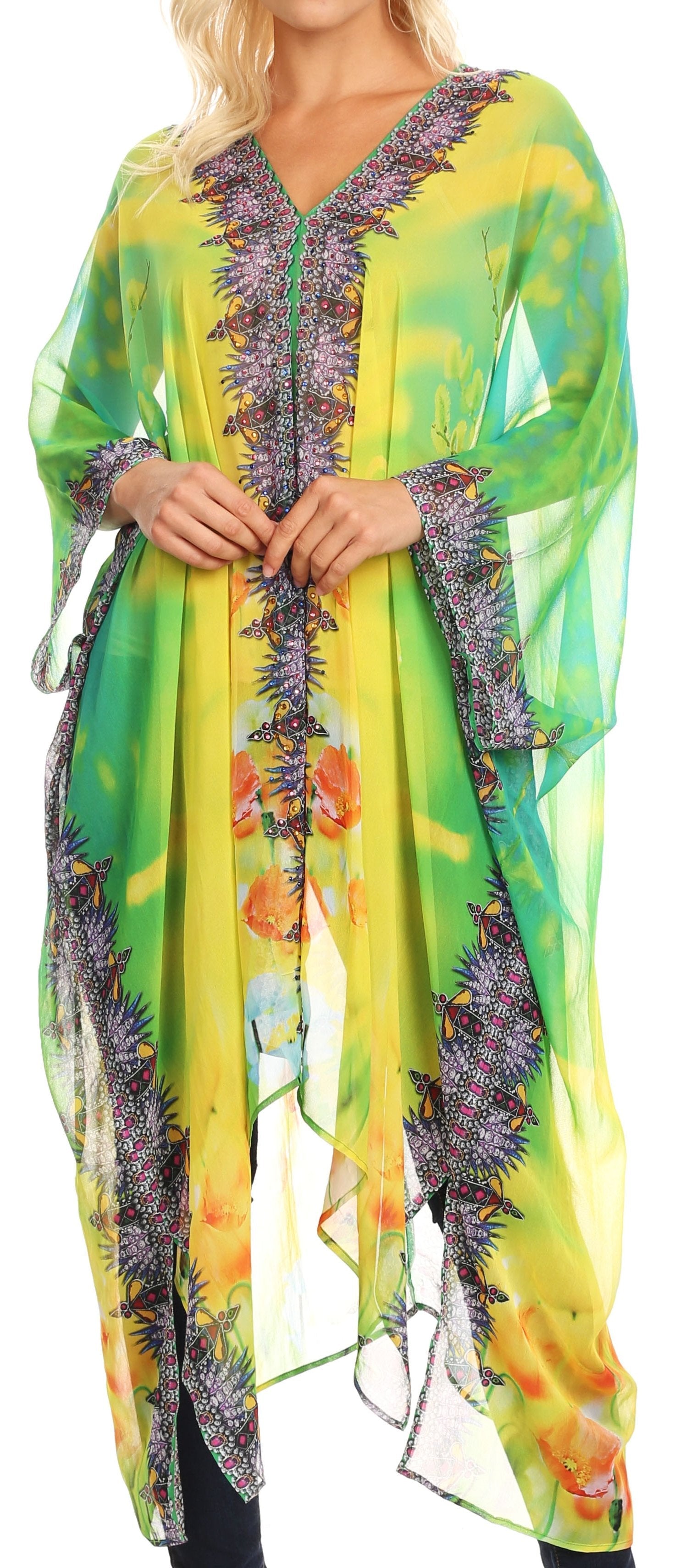 Sakkas Livi Women's V Neck Beach Dress Cover up Caftan Top Loose with Rhinestone - Concordia Style Boutique
