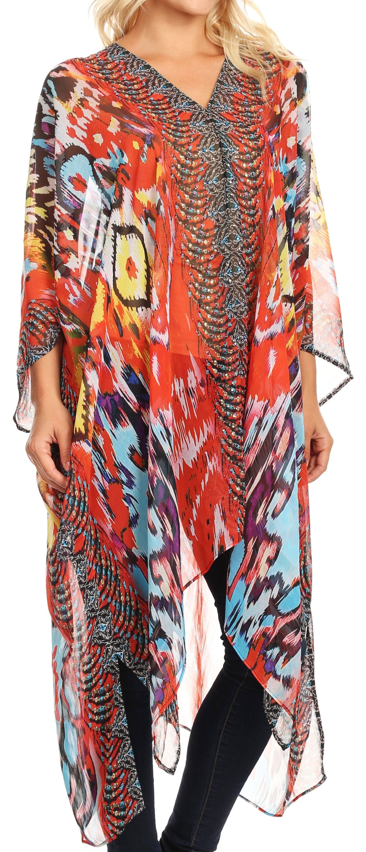 Sakkas Livi Women's V Neck Beach Dress Cover up Caftan Top Loose with Rhinestone - Concordia Style Boutique
