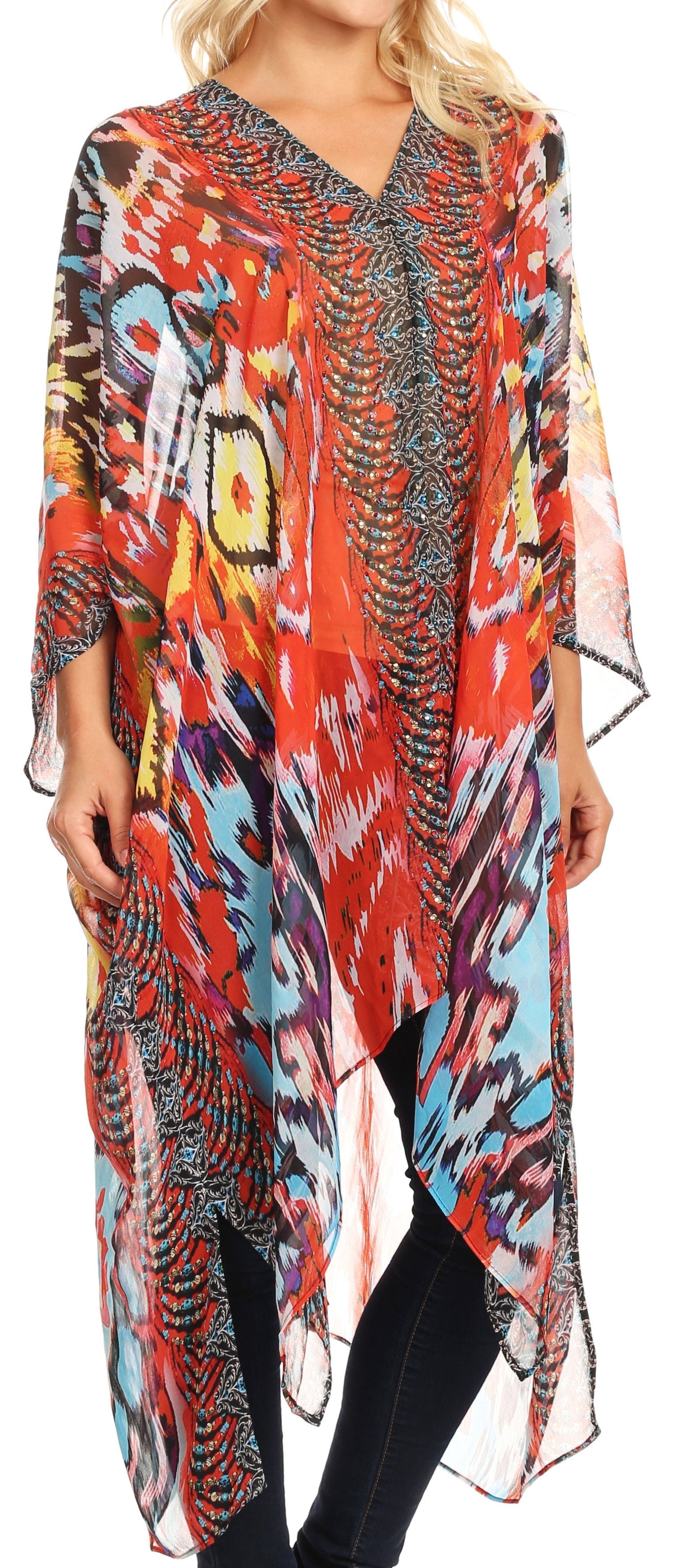 Sakkas Livi Women's V Neck Beach Dress Cover up Caftan Top Loose with Rhinestone - Concordia Style Boutique