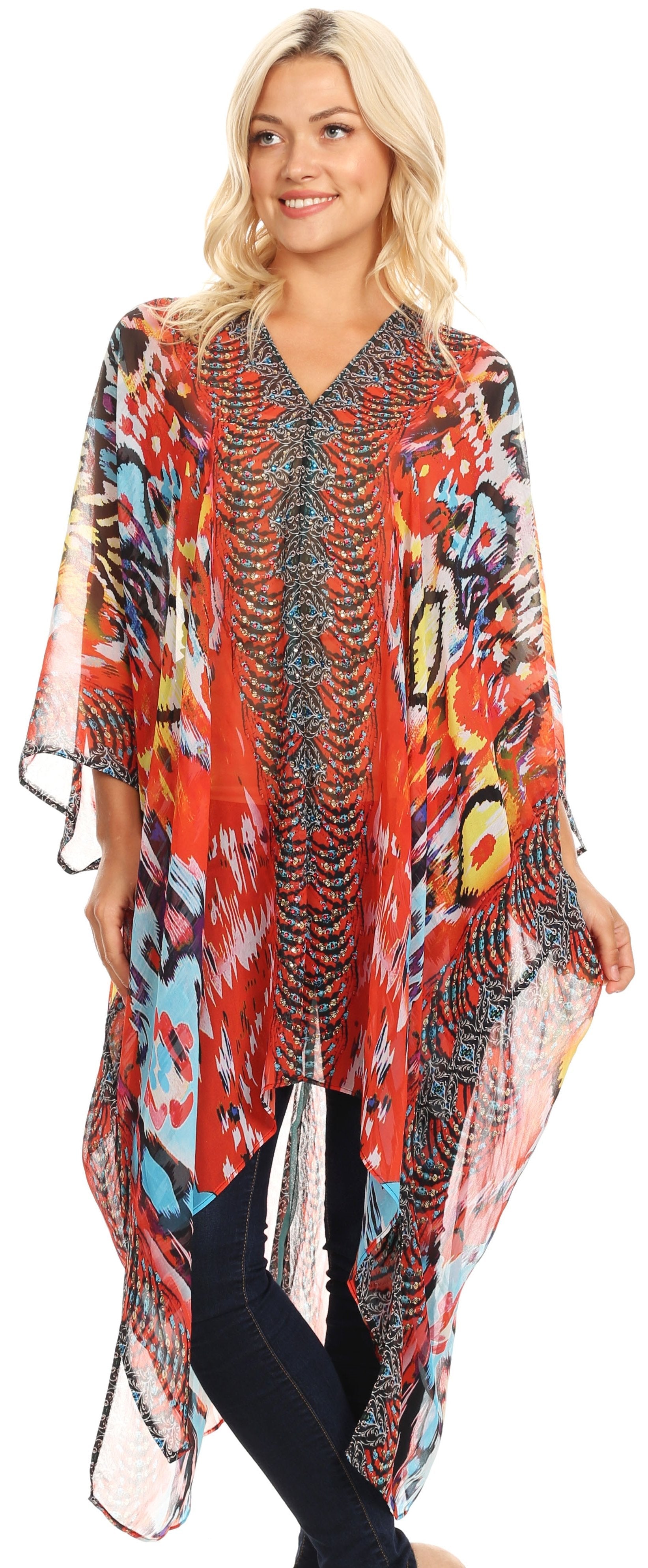 Sakkas Livi Women's V Neck Beach Dress Cover up Caftan Top Loose with Rhinestone - Concordia Style Boutique