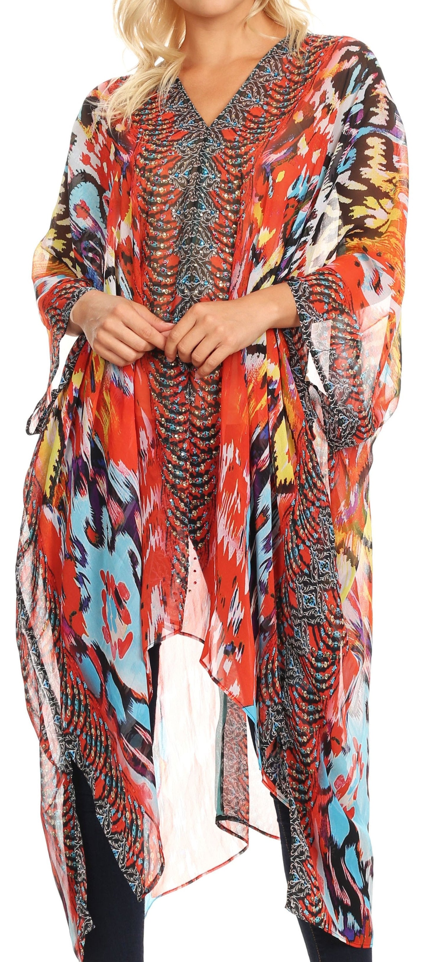 Sakkas Livi Women's V Neck Beach Dress Cover up Caftan Top Loose with Rhinestone - Concordia Style Boutique