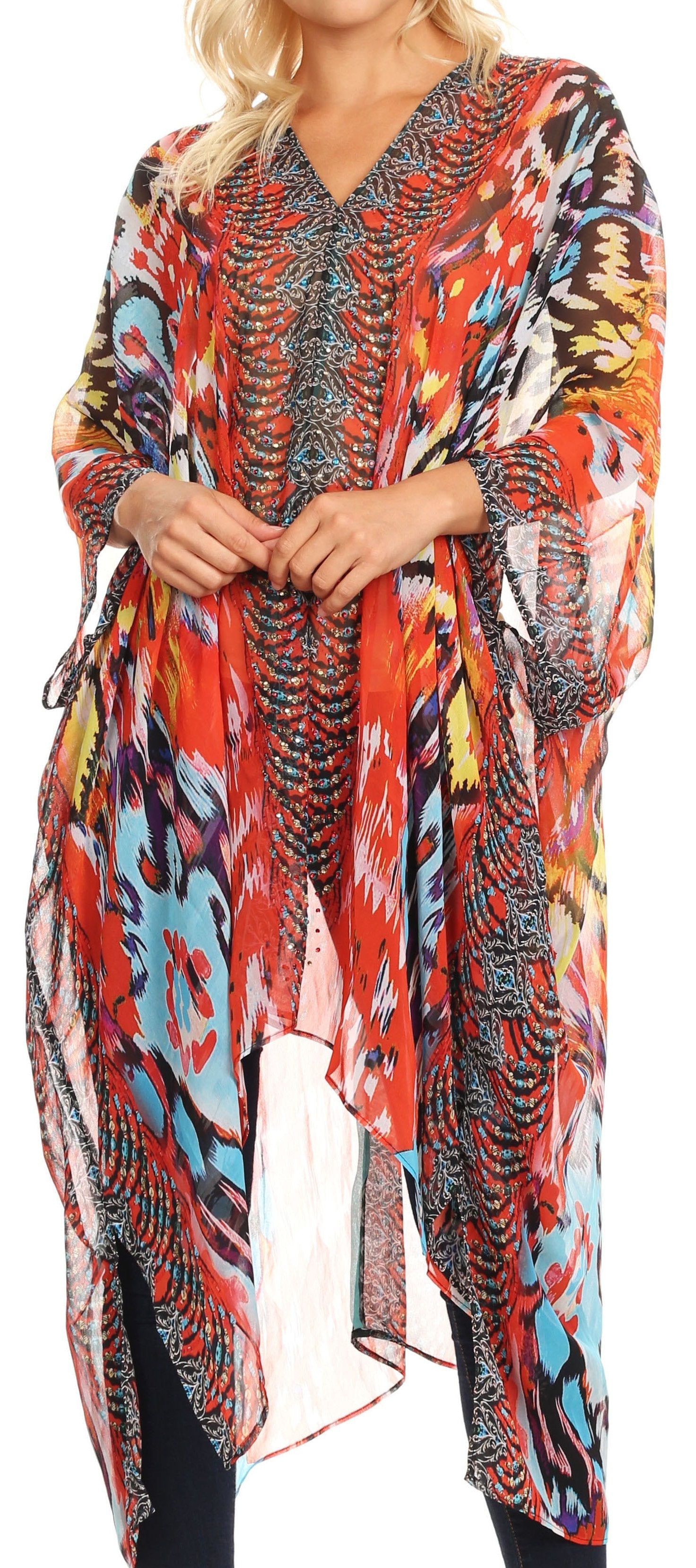 Sakkas Livi Women's V Neck Beach Dress Cover up Caftan Top Loose with Rhinestone - Concordia Style Boutique