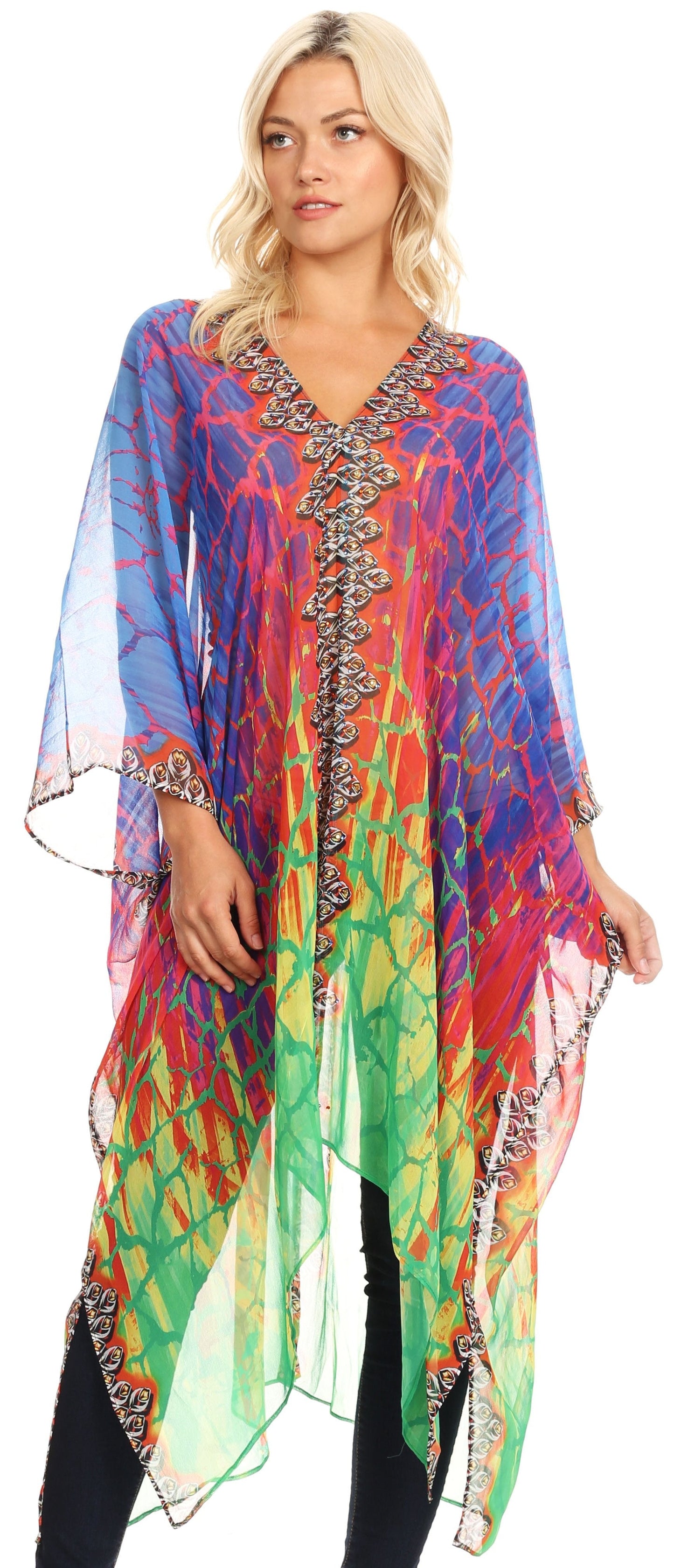 Sakkas Livi Women's V Neck Beach Dress Cover up Caftan Top Loose with Rhinestone - Concordia Style Boutique