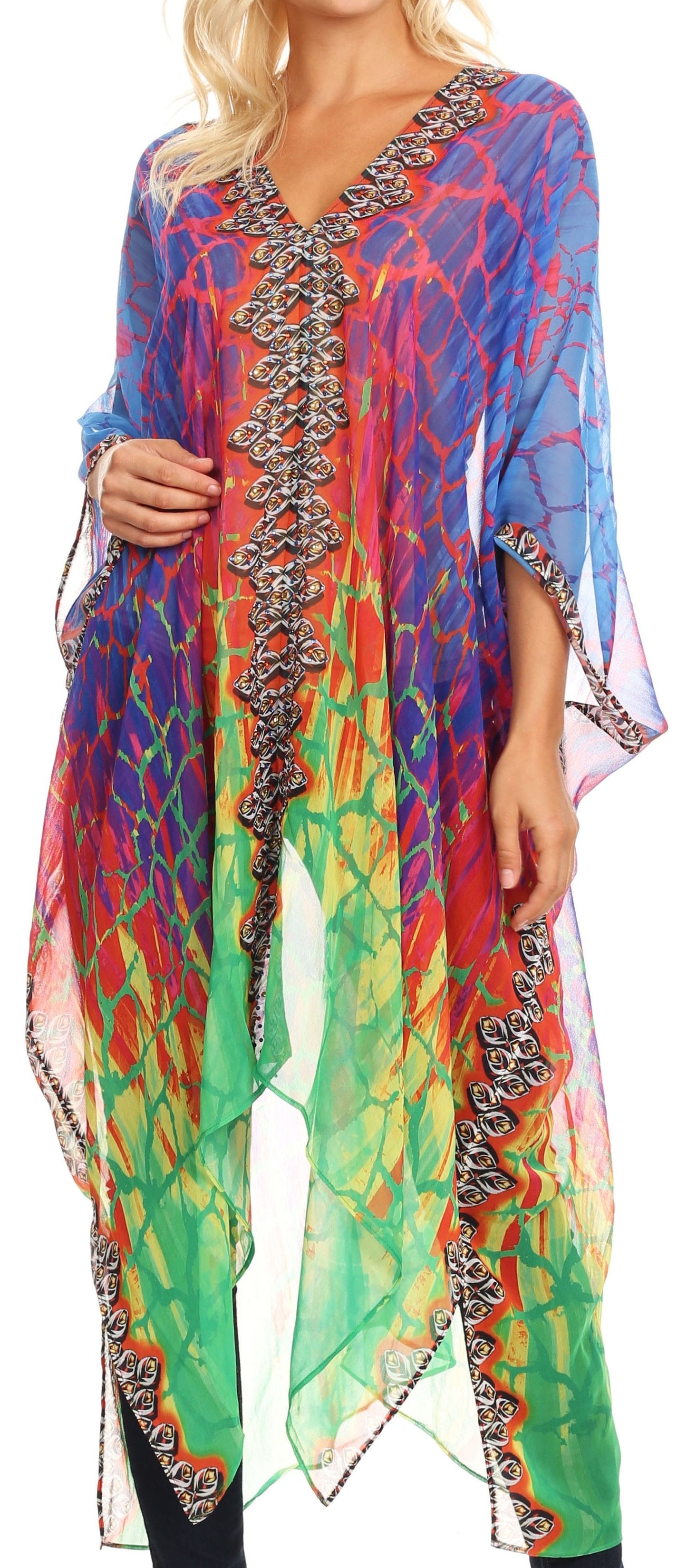 Sakkas Livi Women's V Neck Beach Dress Cover up Caftan Top Loose with Rhinestone - Concordia Style Boutique
