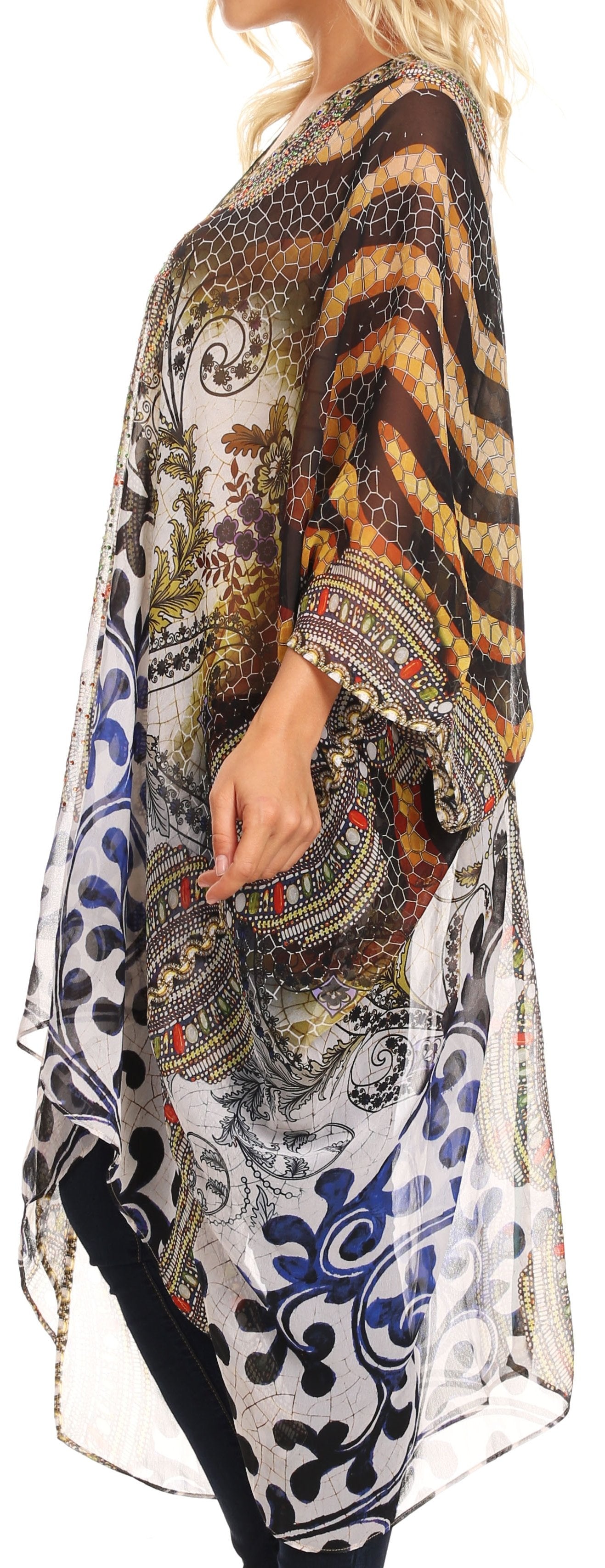 Sakkas Livi Women's V Neck Beach Dress Cover up Caftan Top Loose with Rhinestone - Concordia Style Boutique