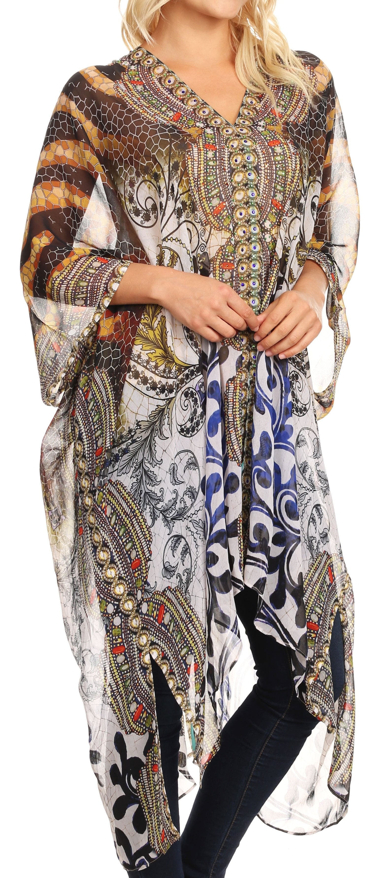 Sakkas Livi Women's V Neck Beach Dress Cover up Caftan Top Loose with Rhinestone - Concordia Style Boutique