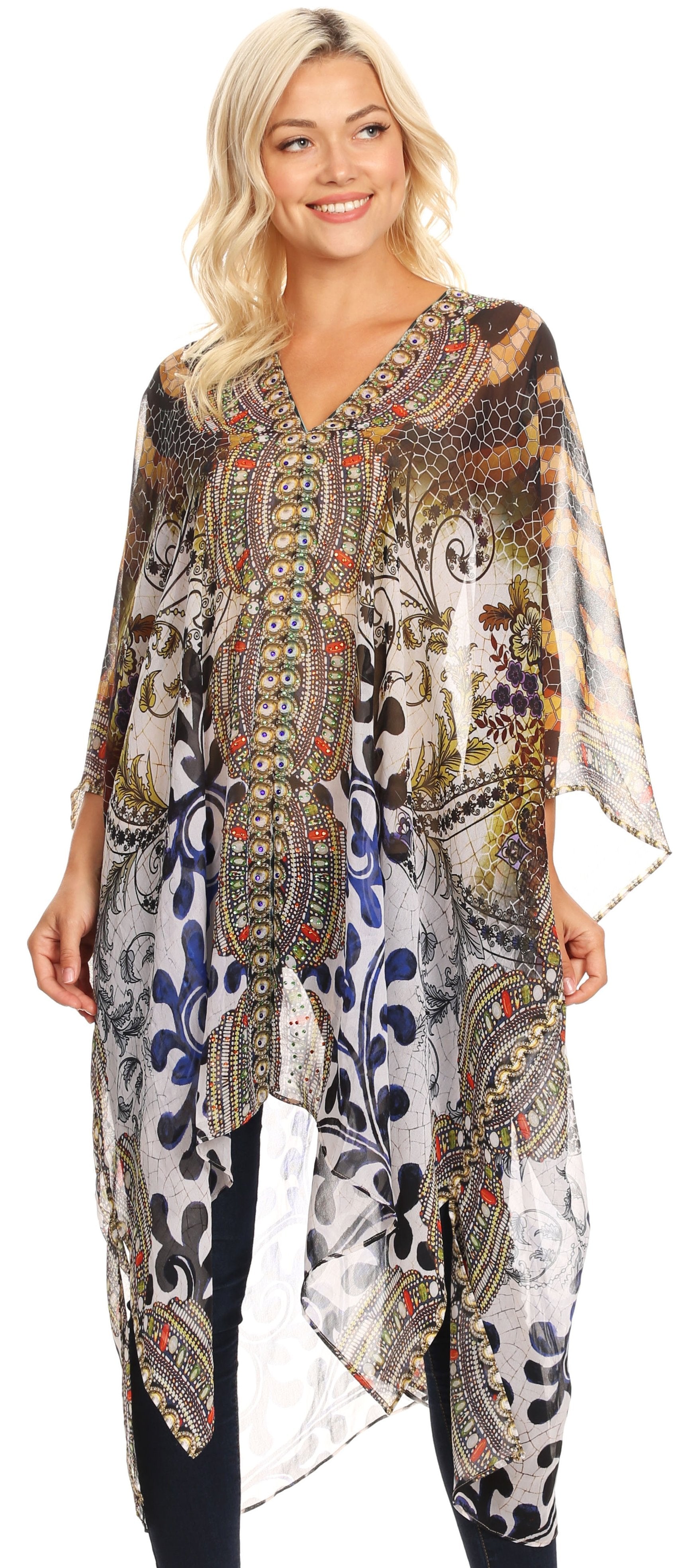 Sakkas Livi Women's V Neck Beach Dress Cover up Caftan Top Loose with Rhinestone - Concordia Style Boutique