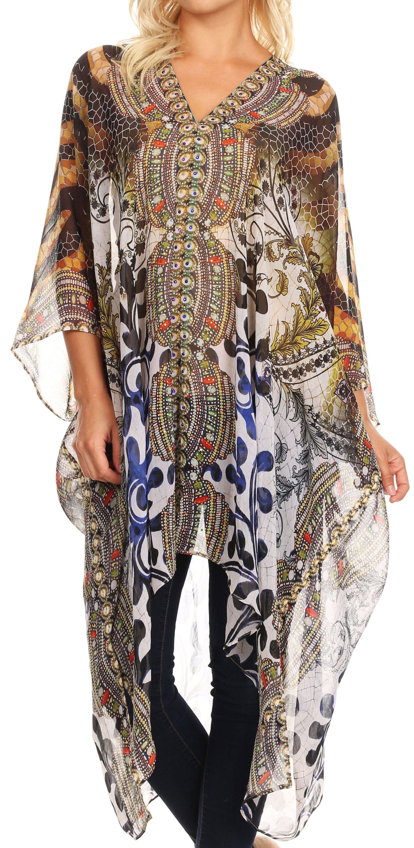 Sakkas Livi Women's V Neck Beach Dress Cover up Caftan Top Loose with Rhinestone - Concordia Style Boutique