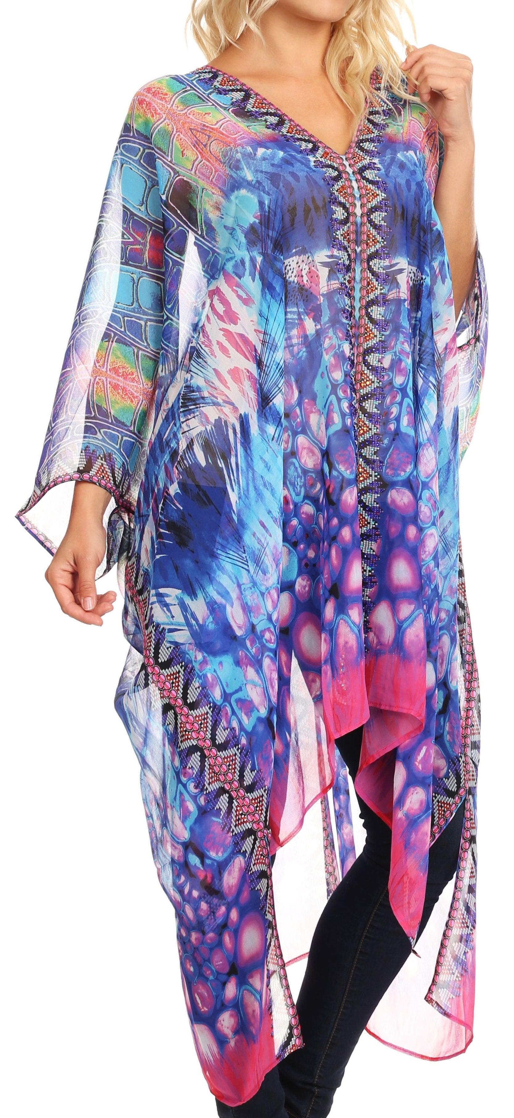 Sakkas Livi Women's V Neck Beach Dress Cover up Caftan Top Loose with Rhinestone - Concordia Style Boutique