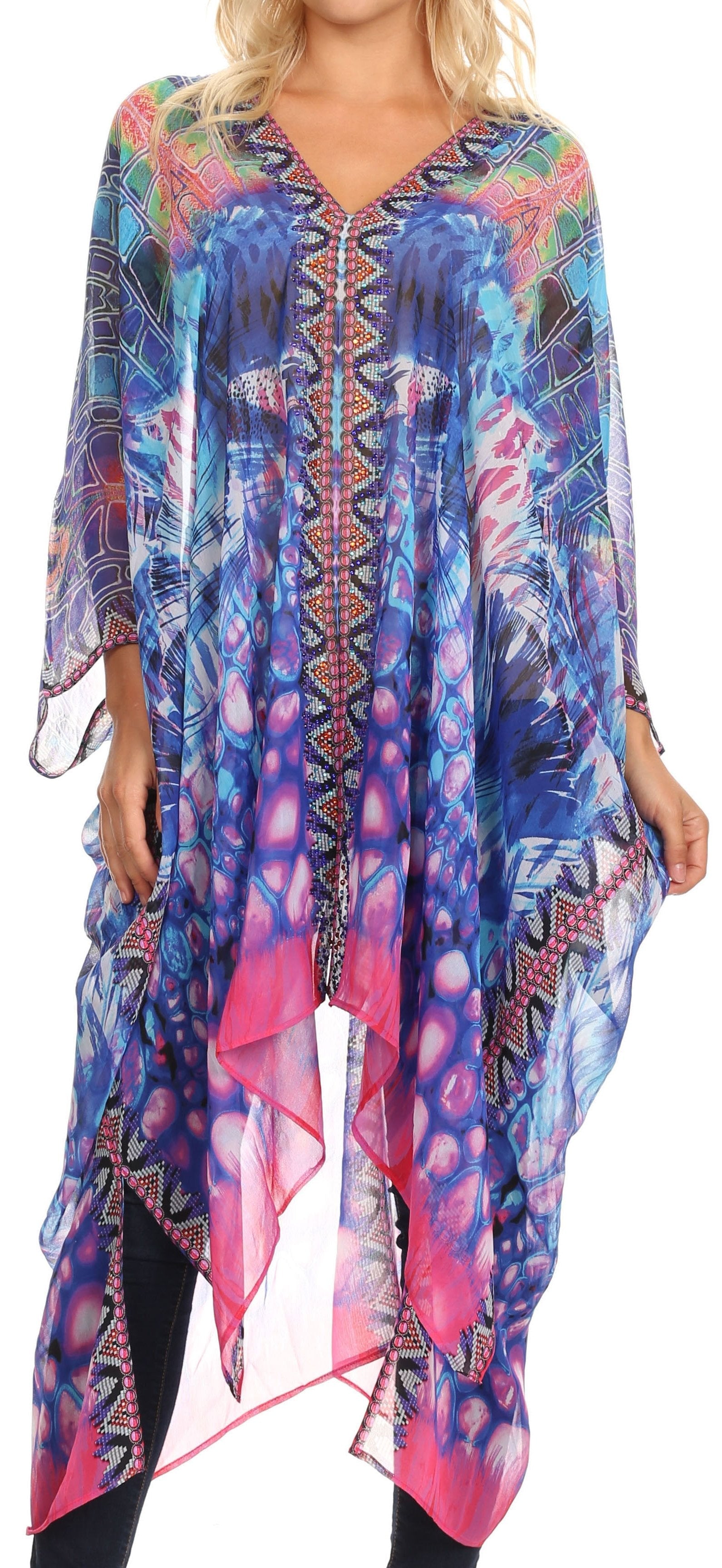 Sakkas Livi Women's V Neck Beach Dress Cover up Caftan Top Loose with Rhinestone - Concordia Style Boutique