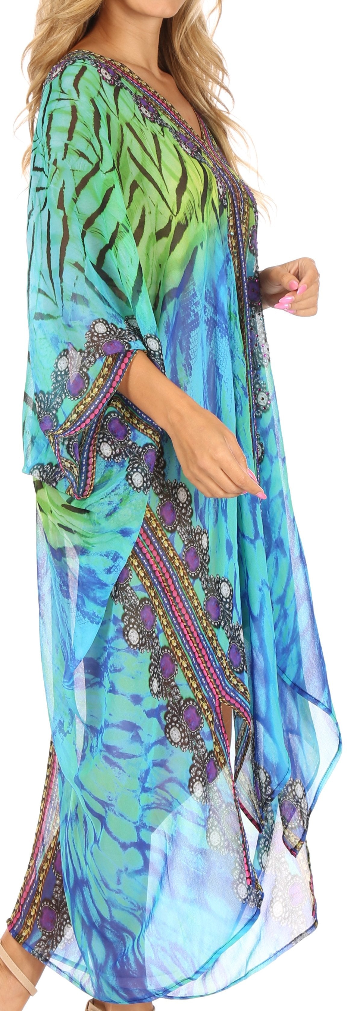 Sakkas Livi Women's V Neck Beach Dress Cover up Caftan Top Loose with Rhinestone - Concordia Style Boutique