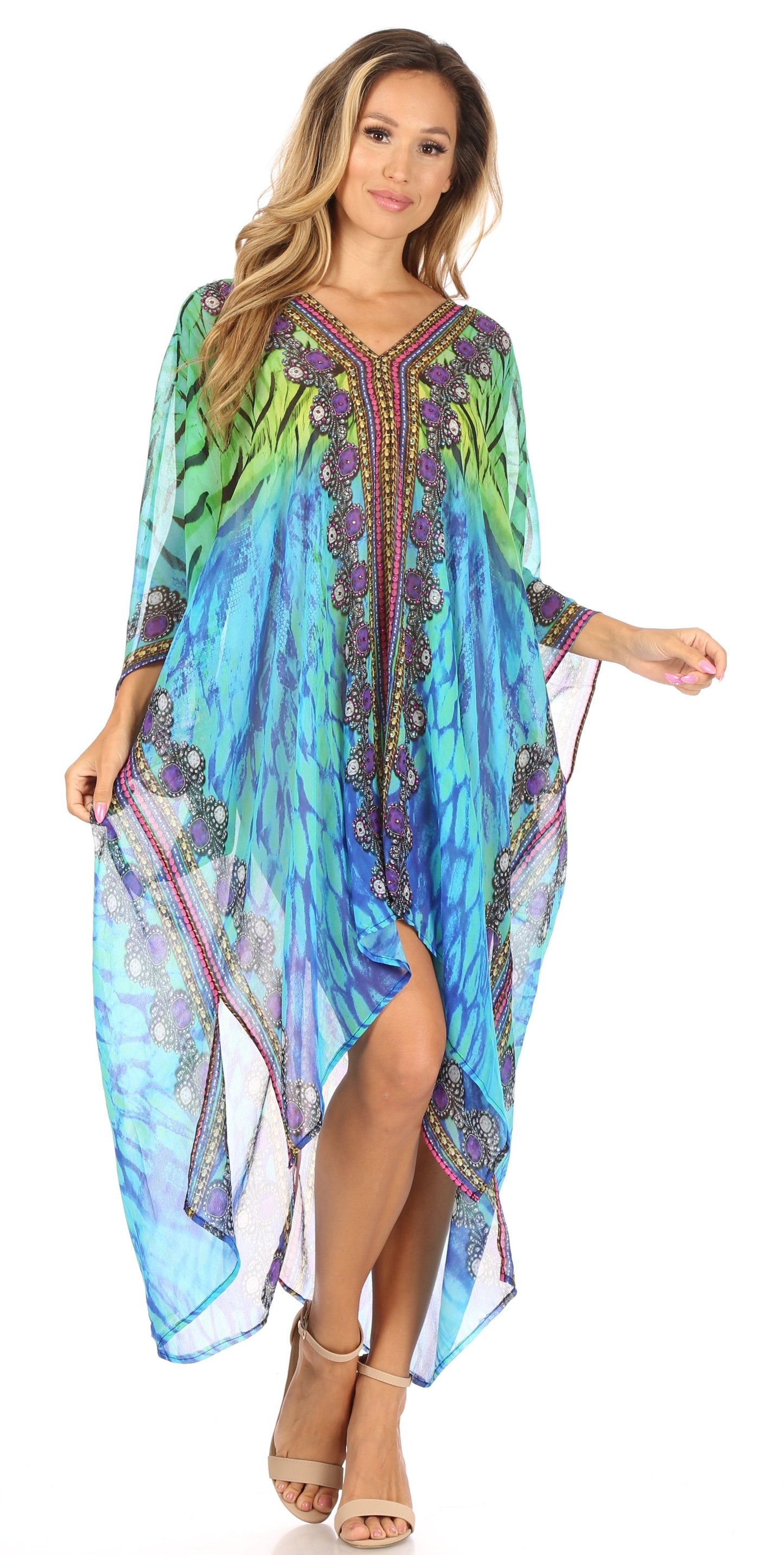 Sakkas Livi Women's V Neck Beach Dress Cover up Caftan Top Loose with Rhinestone - Concordia Style Boutique