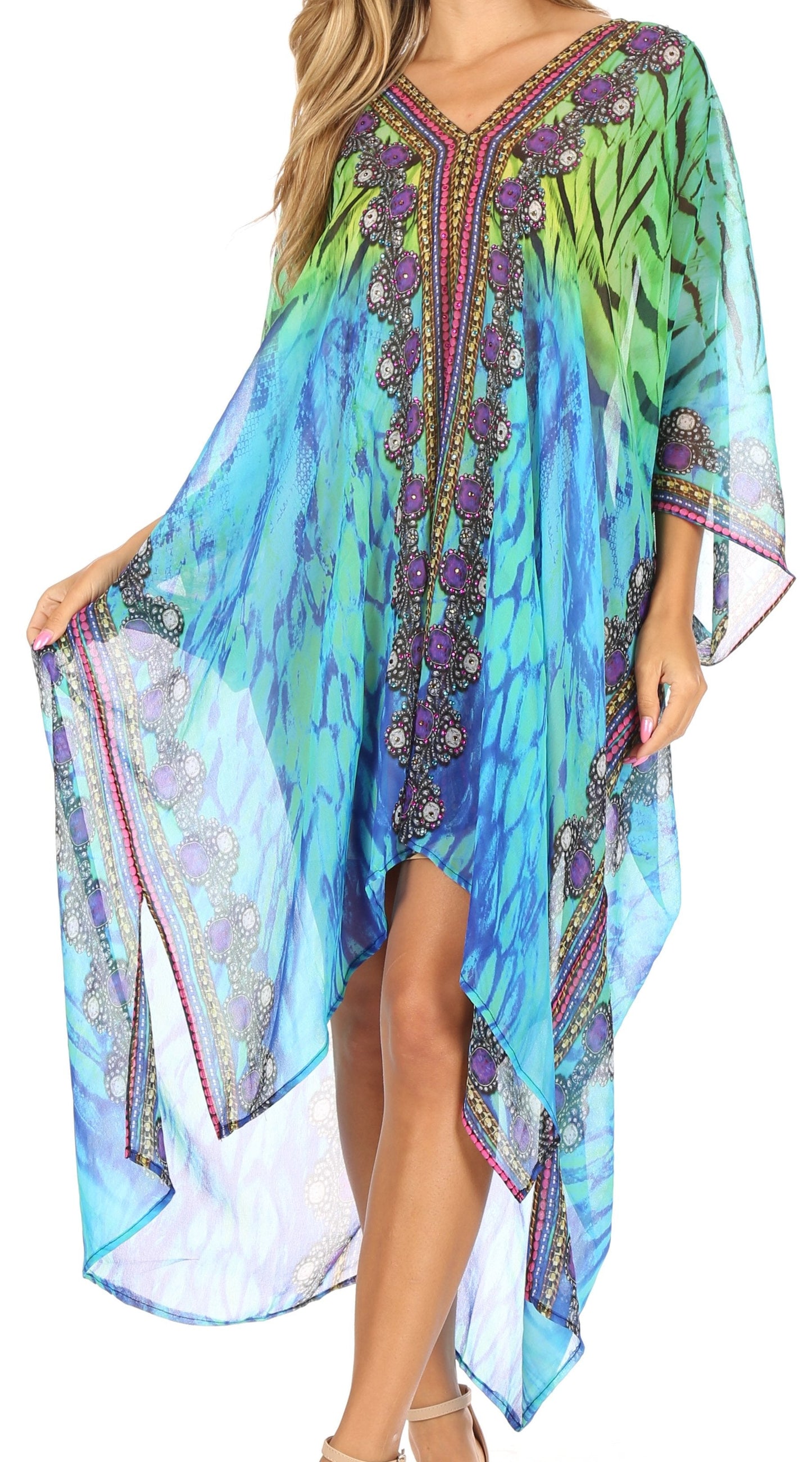 Sakkas Livi Women's V Neck Beach Dress Cover up Caftan Top Loose with Rhinestone - Concordia Style Boutique