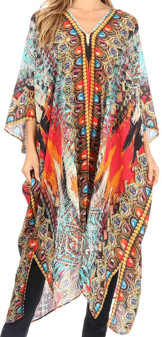 Sakkas Alvita Women's V Neck Beach Dress Top Caftan Cover up with Rhinestones - Concordia Style Boutique