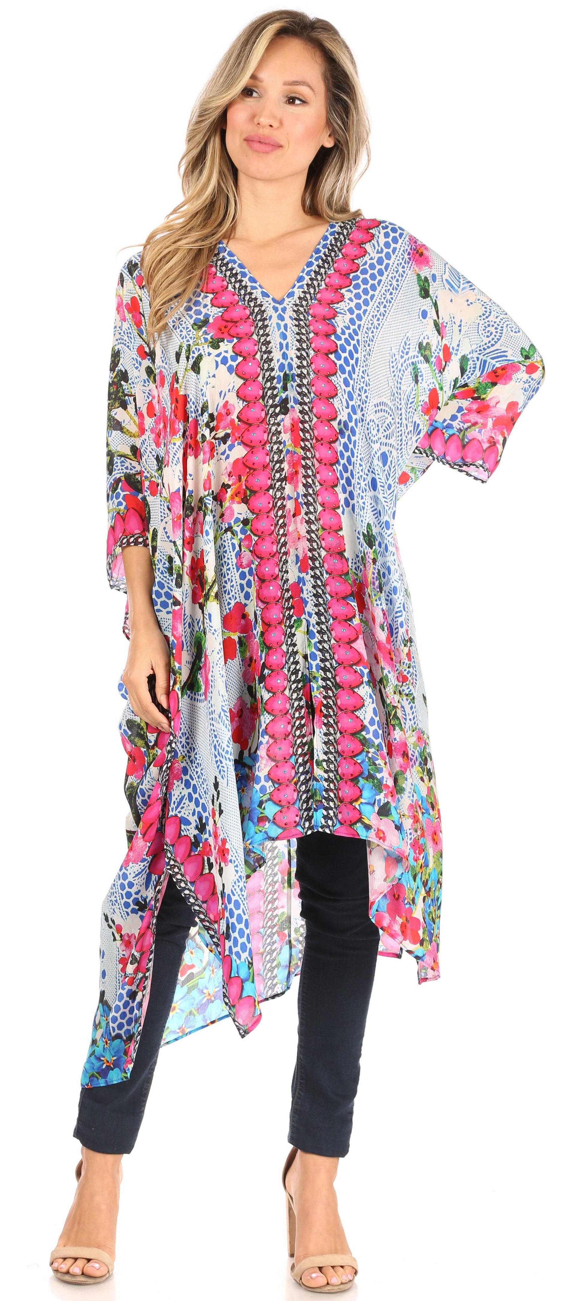 Sakkas Alvita Women's V Neck Beach Dress Top Caftan Cover up with Rhinestones - Concordia Style Boutique