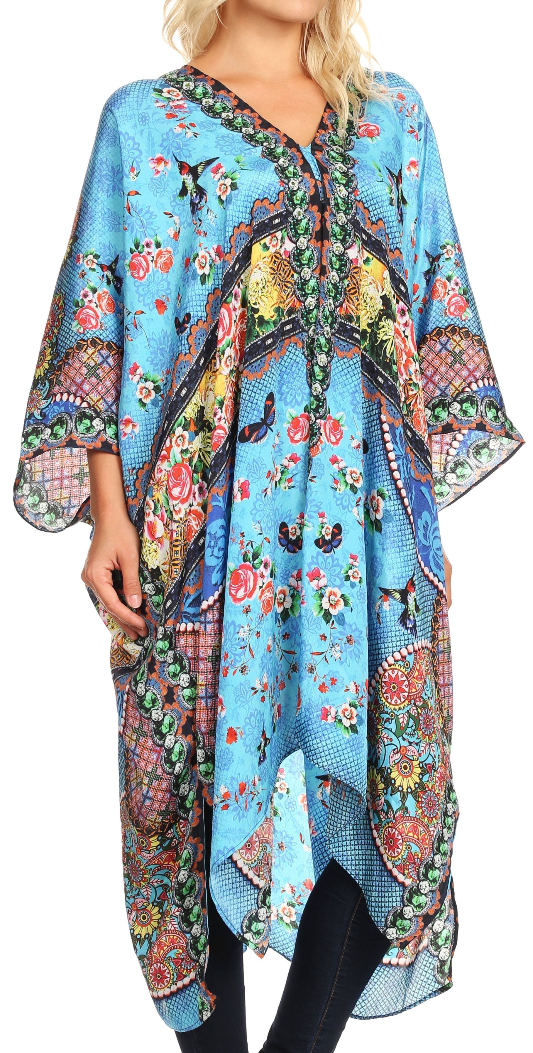 Sakkas Alvita Women's V Neck Beach Dress Top Caftan Cover up with Rhinestones - Concordia Style Boutique