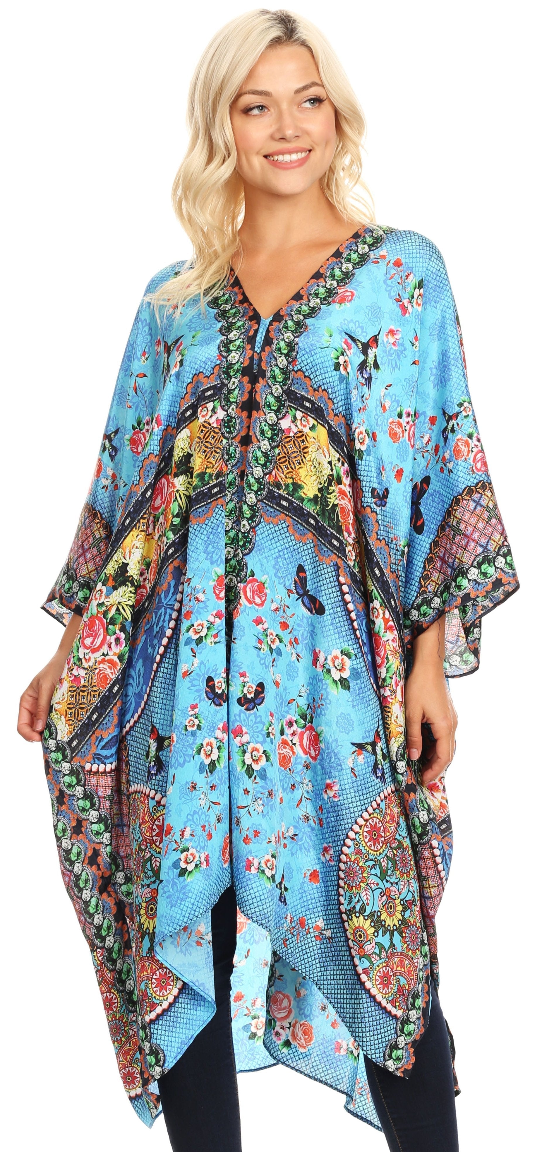 Sakkas Alvita Women's V Neck Beach Dress Top Caftan Cover up with Rhinestones - Concordia Style Boutique