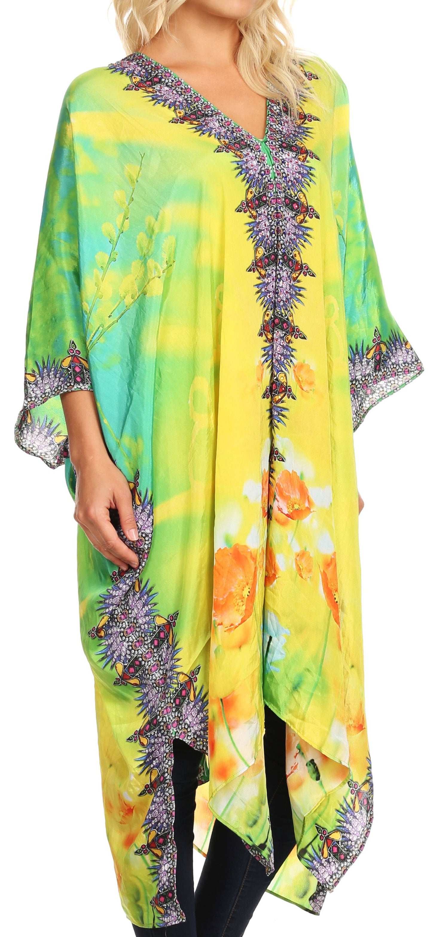 Sakkas Alvita Women's V Neck Beach Dress Top Caftan Cover up with Rhinestones - Concordia Style Boutique
