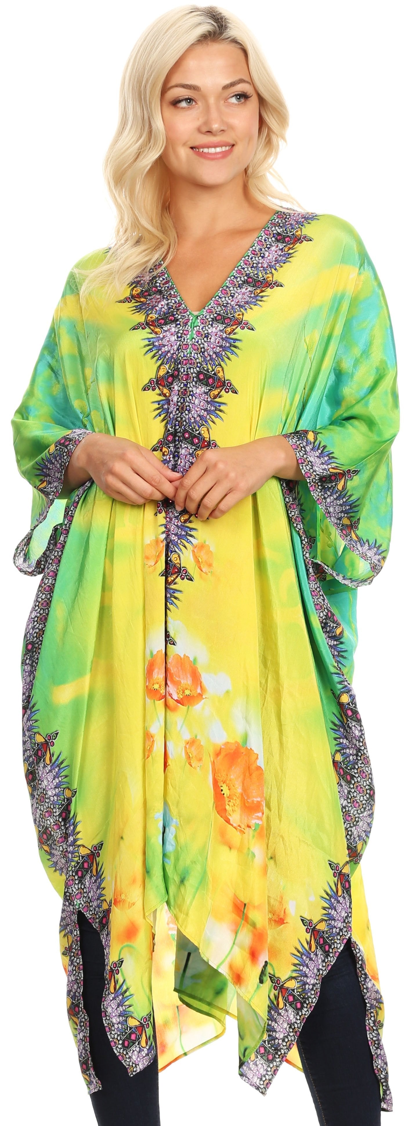 Sakkas Alvita Women's V Neck Beach Dress Top Caftan Cover up with Rhinestones - Concordia Style Boutique