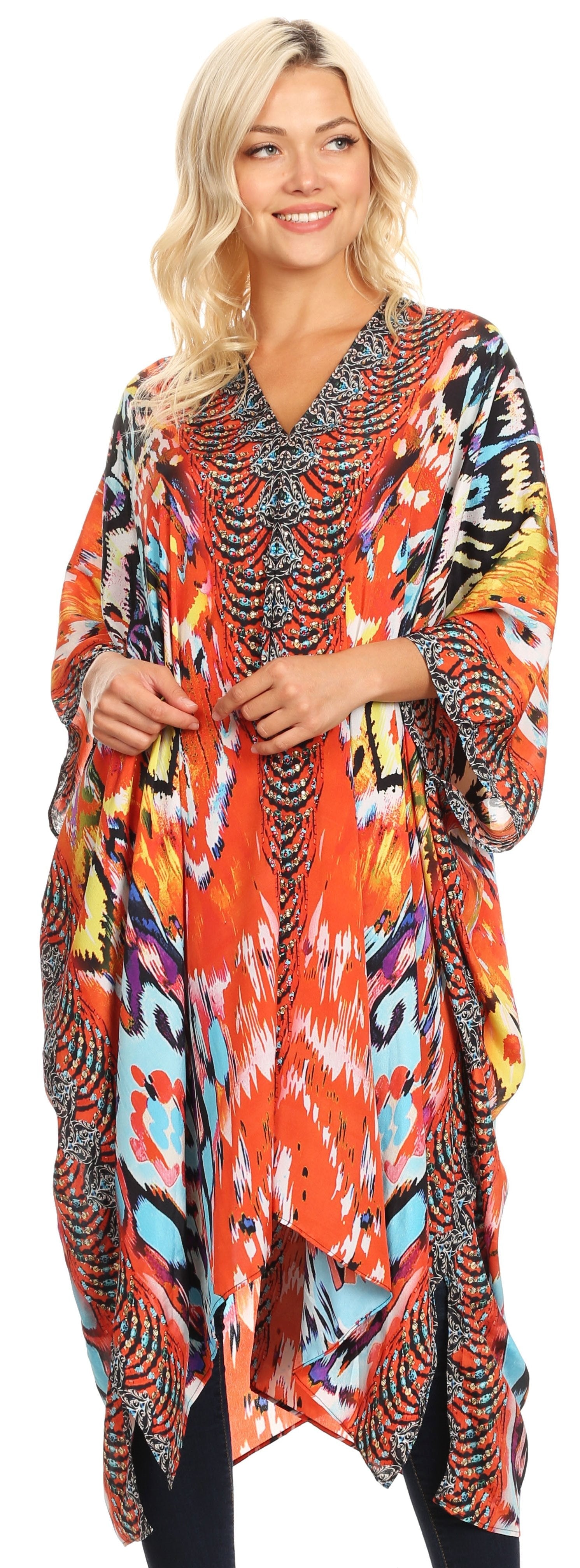Sakkas Alvita Women's V Neck Beach Dress Top Caftan Cover up with Rhinestones - Concordia Style Boutique