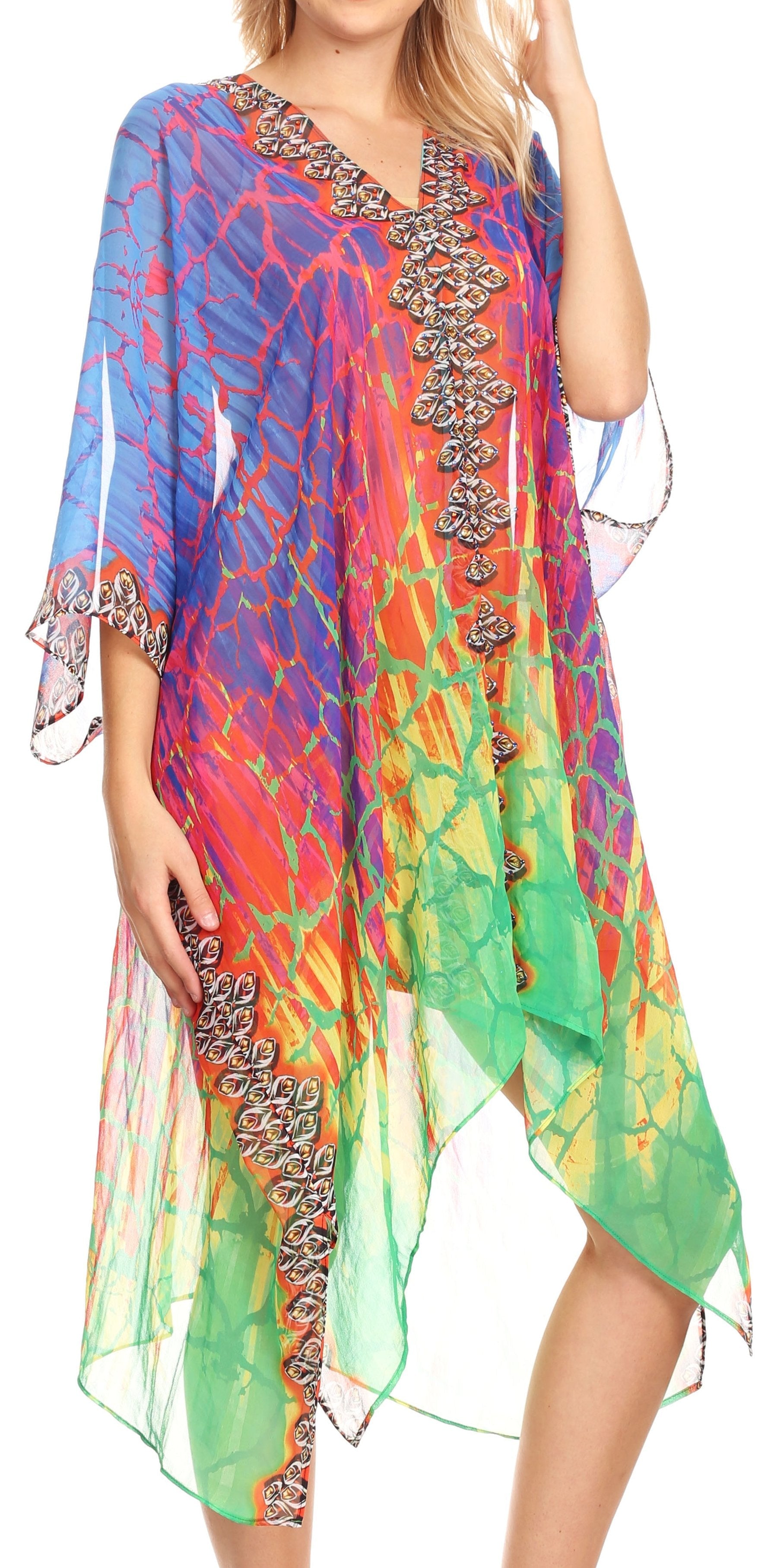 Sakkas Alvita Women's V Neck Beach Dress Top Caftan Cover up with Rhinestones - Concordia Style Boutique