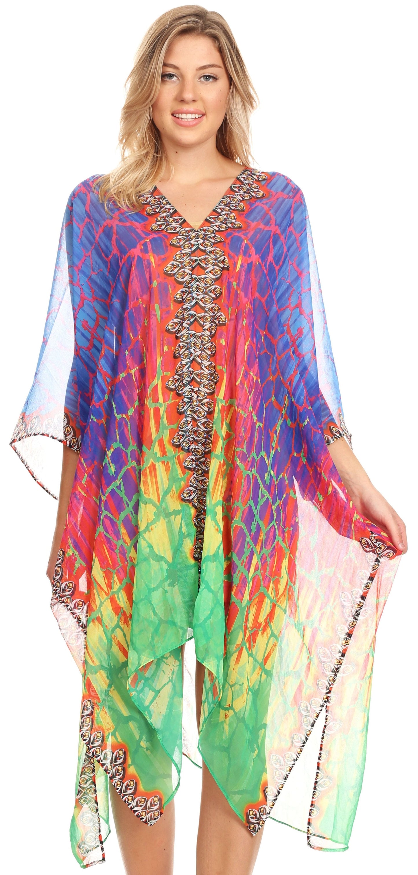 Sakkas Alvita Women's V Neck Beach Dress Top Caftan Cover up with Rhinestones - Concordia Style Boutique