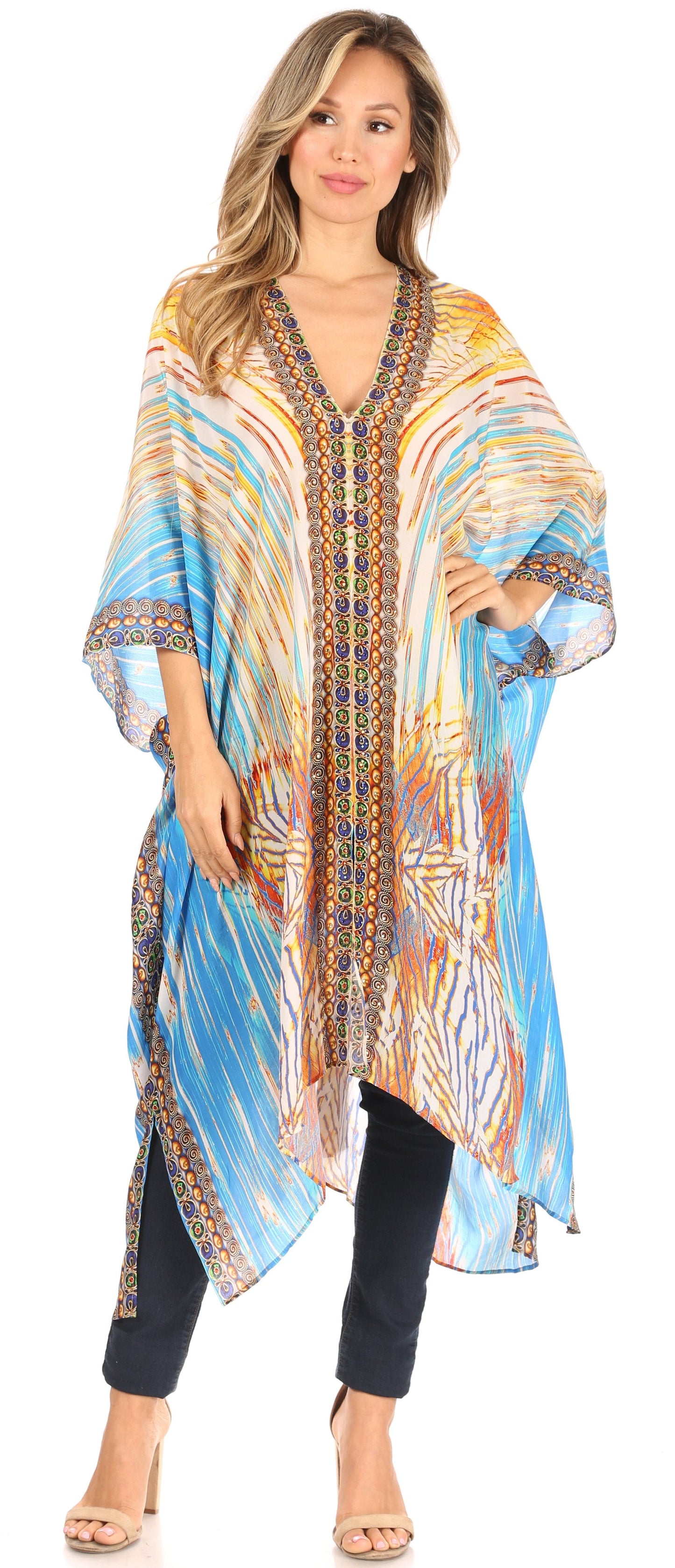 Sakkas Alvita Women's V Neck Beach Dress Top Caftan Cover up with Rhinestones - Concordia Style Boutique