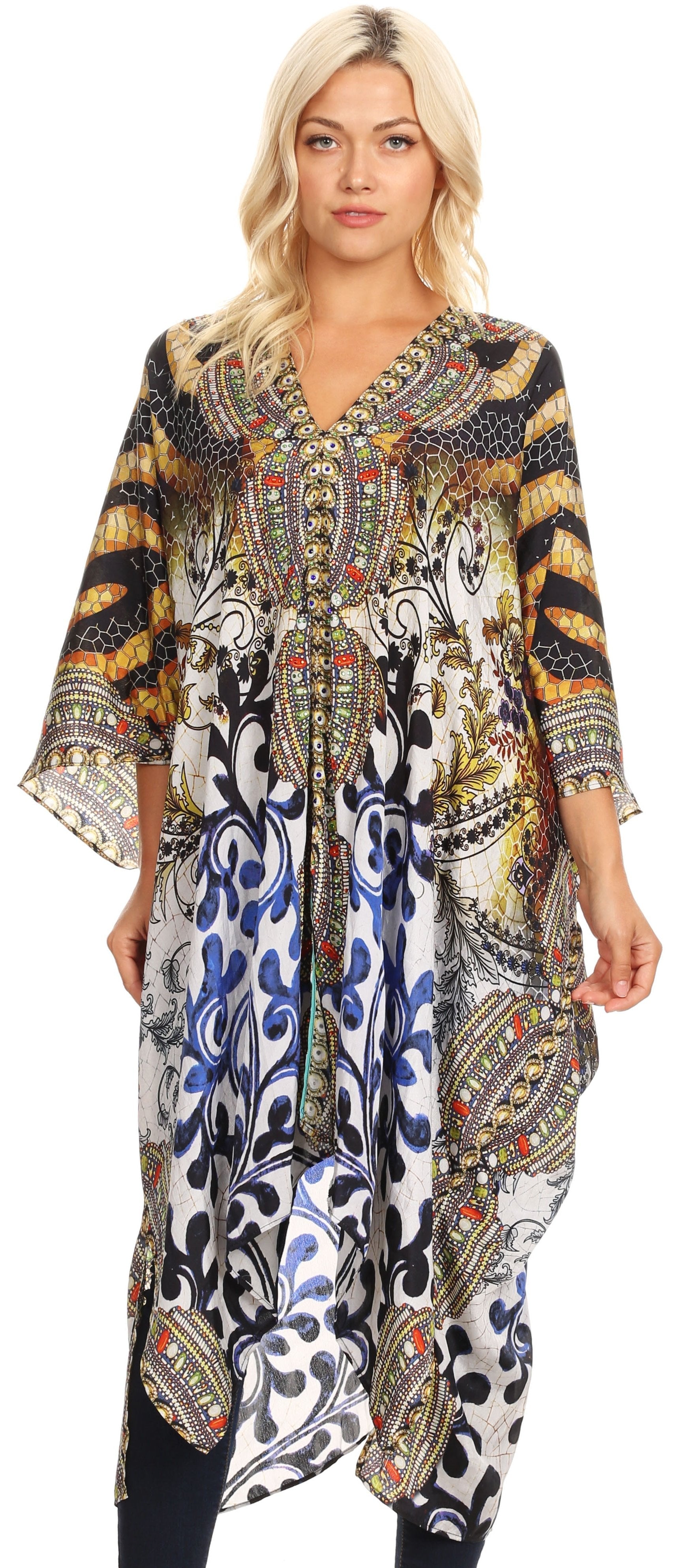 Sakkas Alvita Women's V Neck Beach Dress Top Caftan Cover up with Rhinestones - Concordia Style Boutique