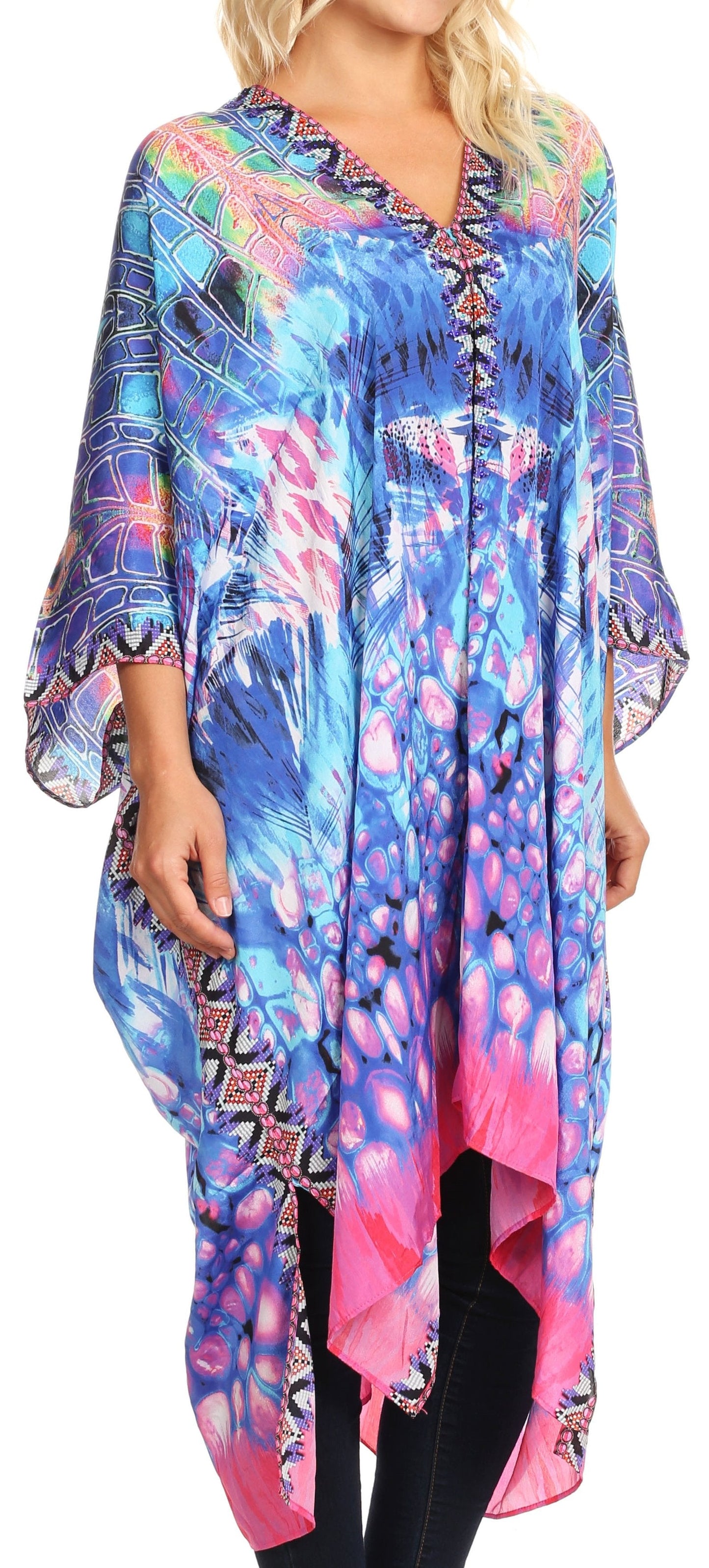 Sakkas Alvita Women's V Neck Beach Dress Top Caftan Cover up with Rhinestones - Concordia Style Boutique