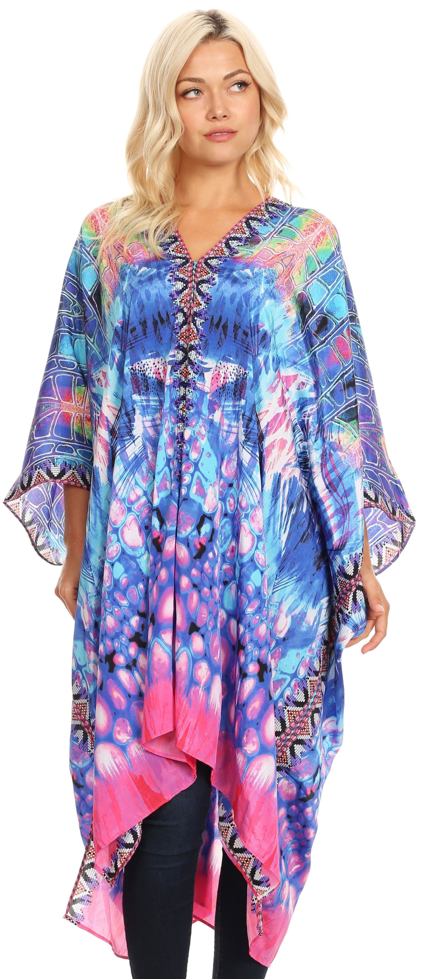 Sakkas Alvita Women's V Neck Beach Dress Top Caftan Cover up with Rhinestones - Concordia Style Boutique