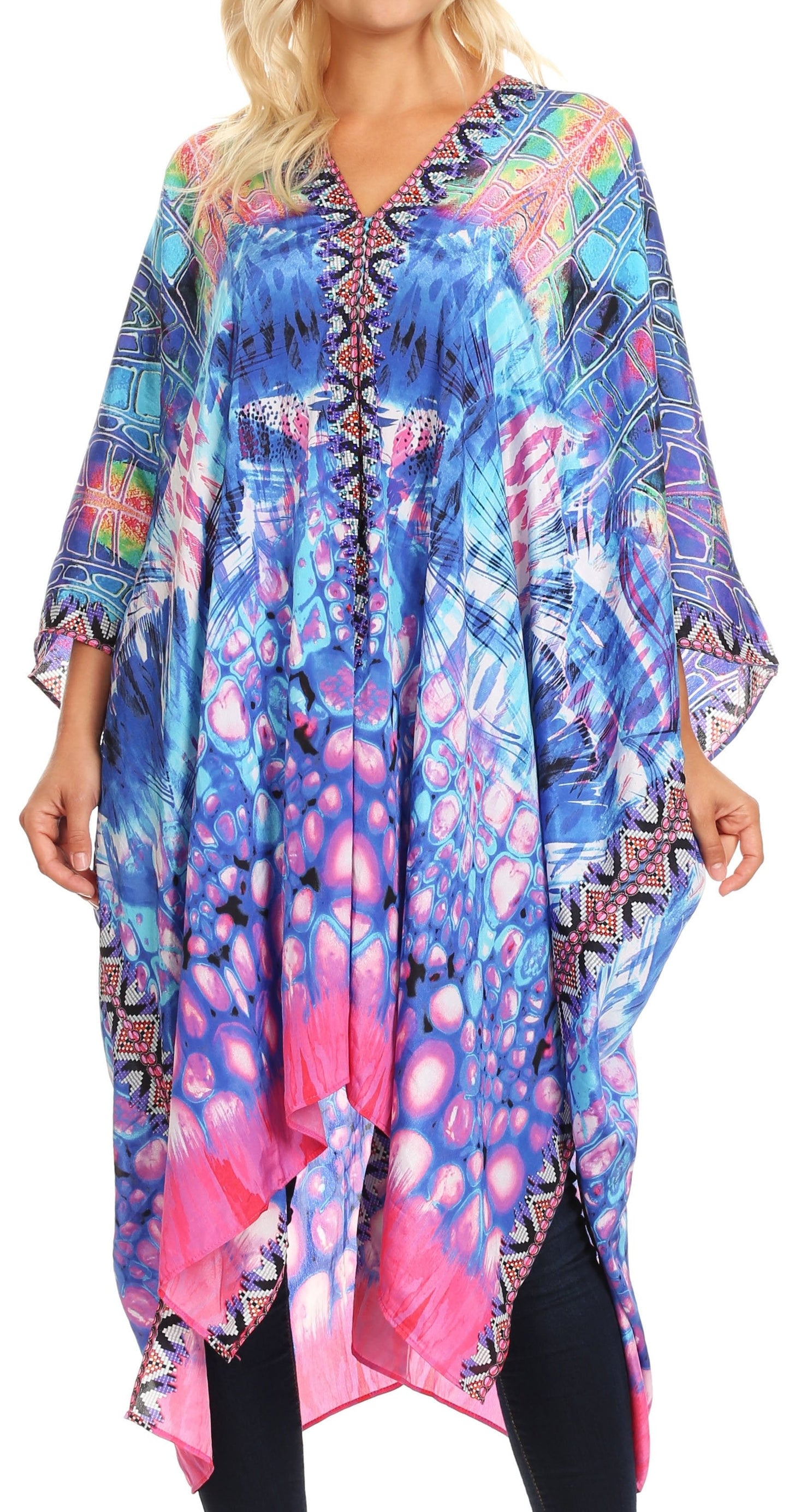 Sakkas Alvita Women's V Neck Beach Dress Top Caftan Cover up with Rhinestones - Concordia Style Boutique