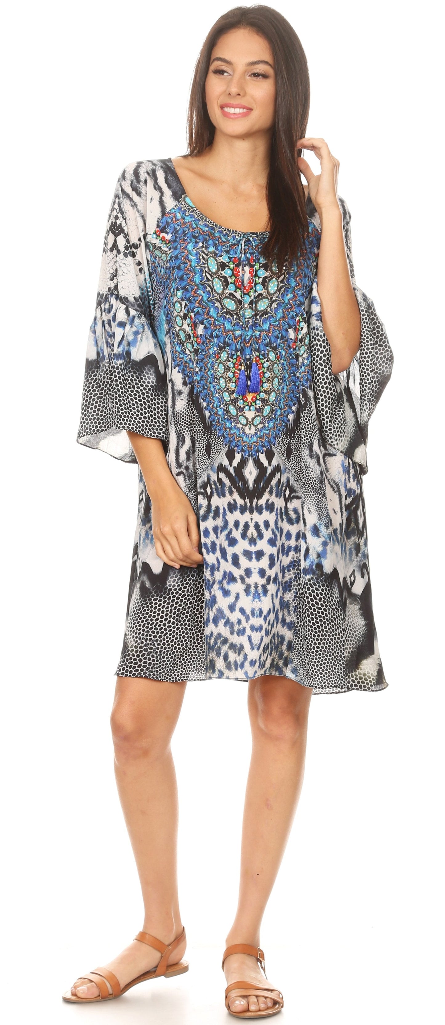 Sakkas Maris Women's Casual Shift 3/4 Sleeve Short Mini Dress A Line Print Silky - Concordia Style Boutique