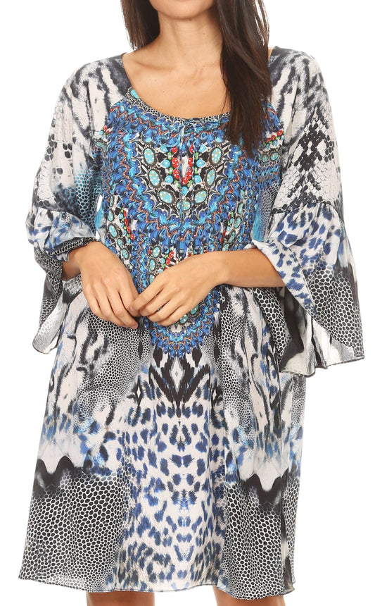 Sakkas Maris Women's Casual Shift 3/4 Sleeve Short Mini Dress A Line Print Silky - Concordia Style Boutique
