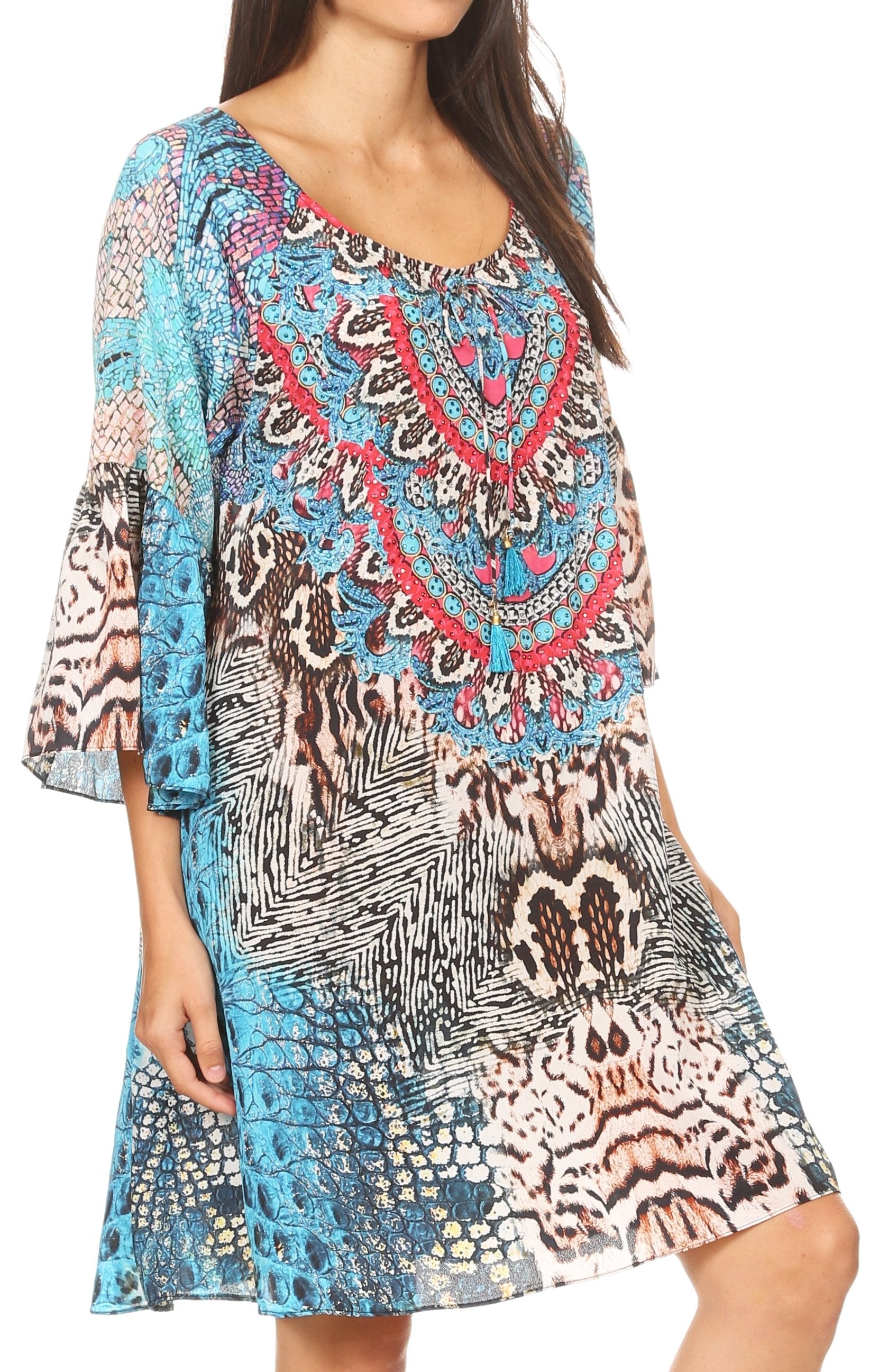 Sakkas Maris Women's Casual Shift 3/4 Sleeve Short Mini Dress A Line Print Silky - Concordia Style Boutique