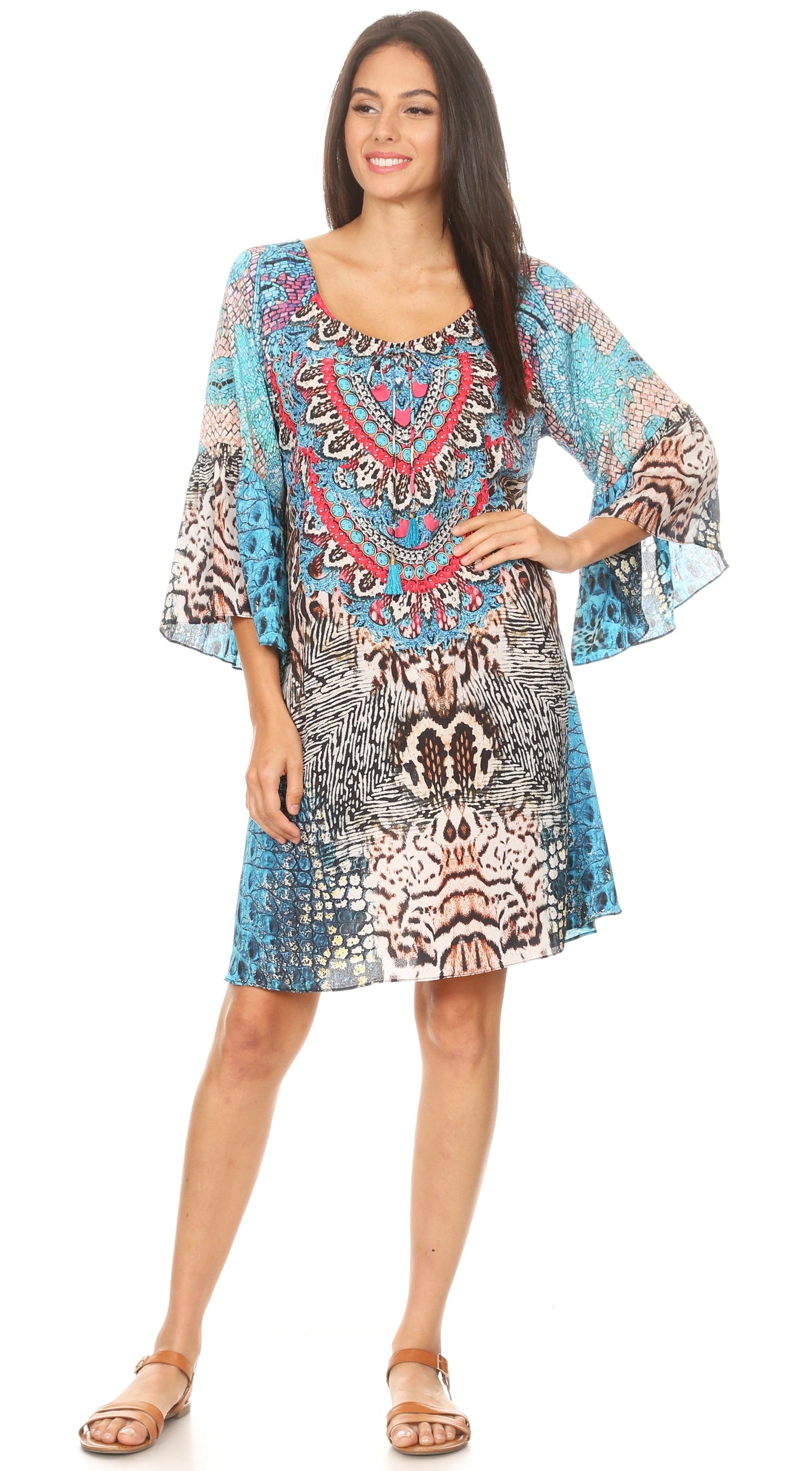 Sakkas Maris Women's Casual Shift 3/4 Sleeve Short Mini Dress A Line Print Silky - Concordia Style Boutique