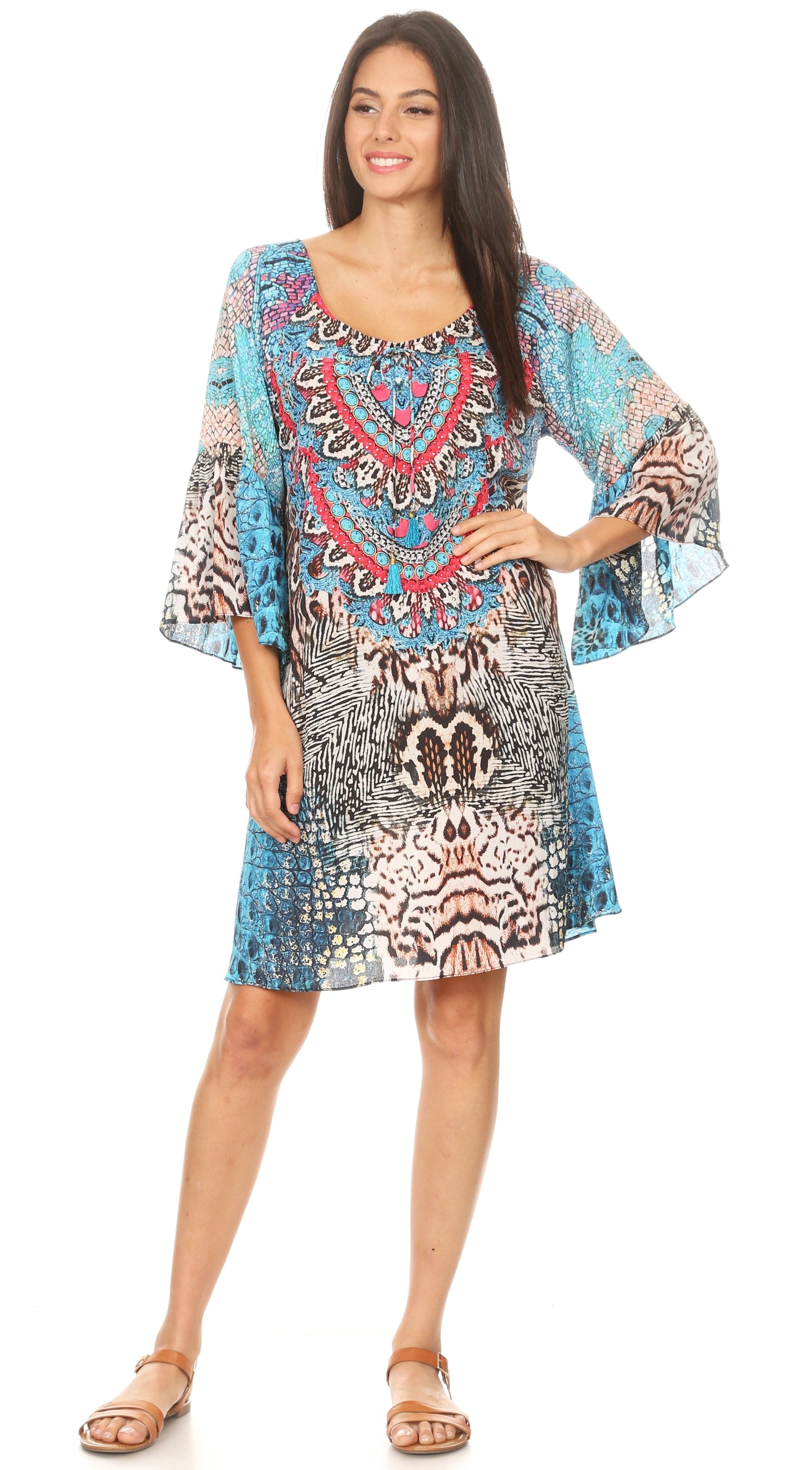 Sakkas Maris Women's Casual Shift 3/4 Sleeve Short Mini Dress A Line Print Silky - Concordia Style Boutique