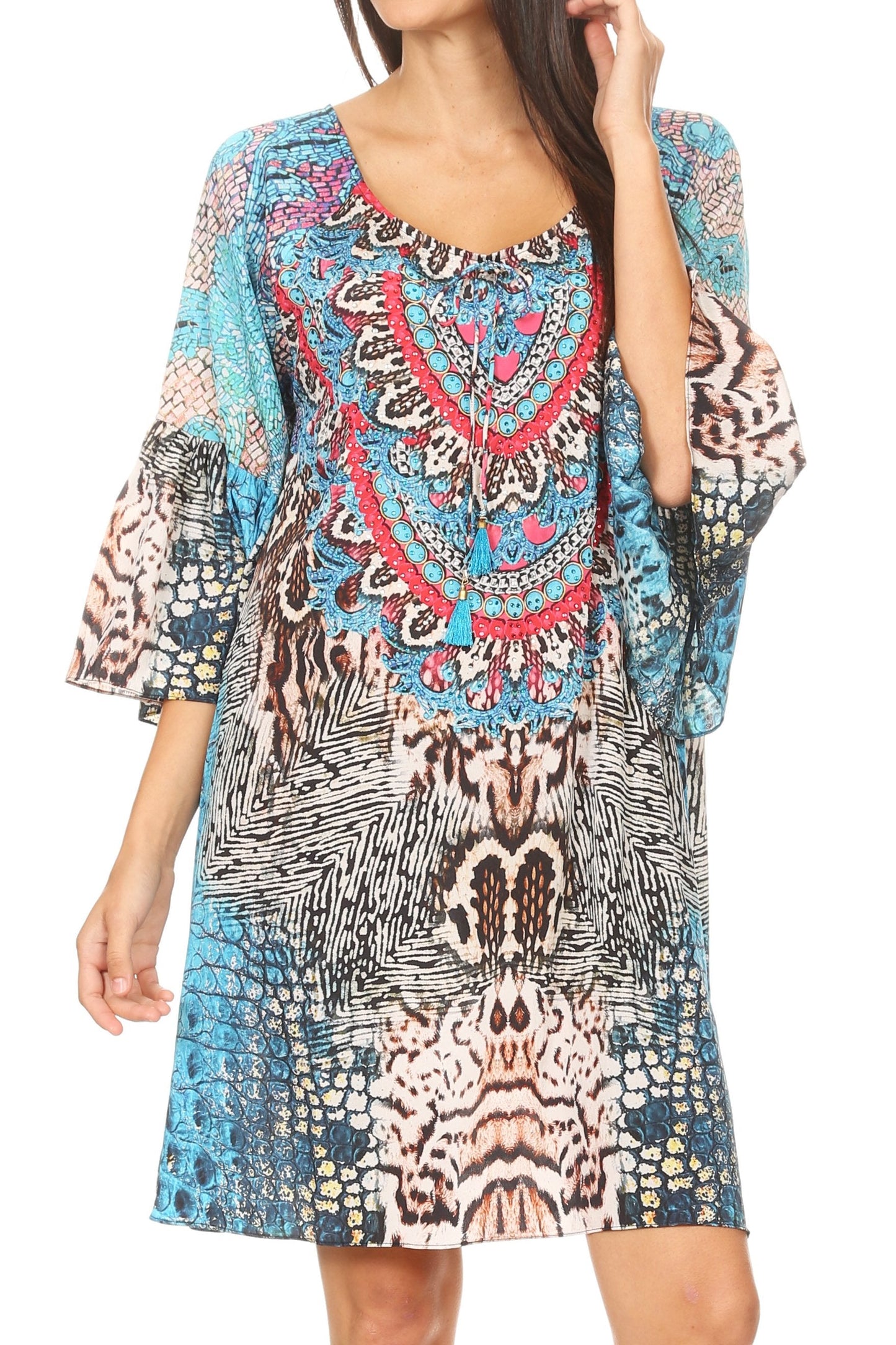 Sakkas Maris Women's Casual Shift 3/4 Sleeve Short Mini Dress A Line Print Silky - Concordia Style Boutique