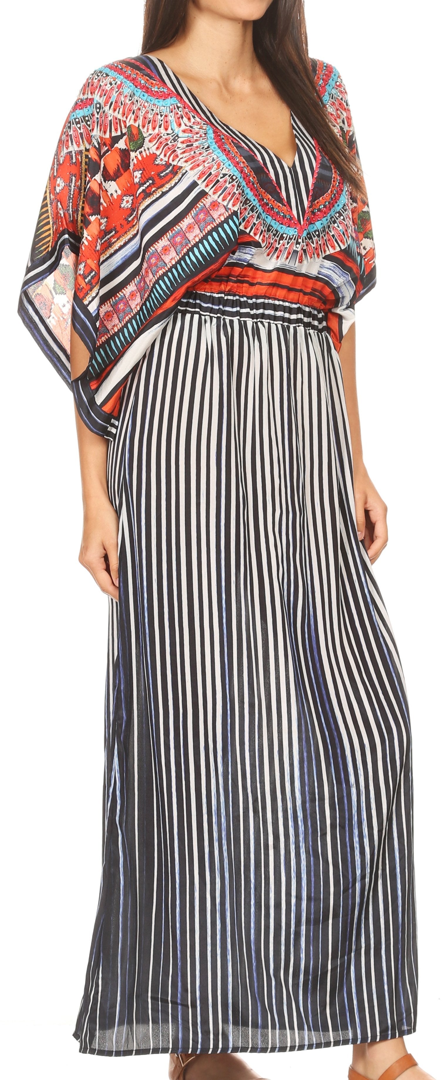 Sakkas Delma Women's Long Maxi Column V-neck Short Sleeve Slim Dress with Print - Concordia Style Boutique