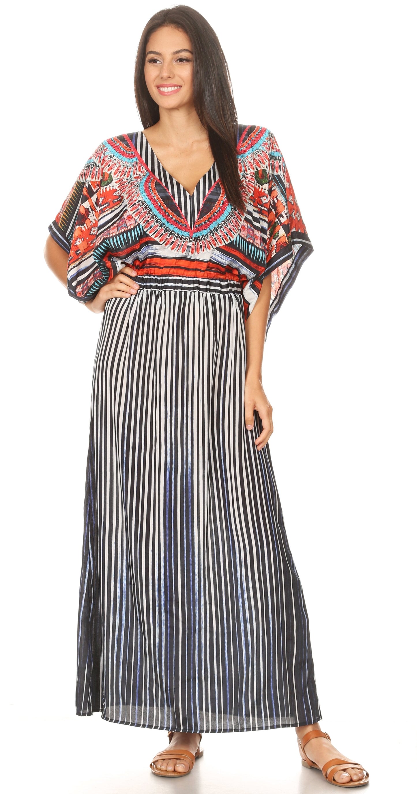 Sakkas Delma Women's Long Maxi Column V-neck Short Sleeve Slim Dress with Print - Concordia Style Boutique
