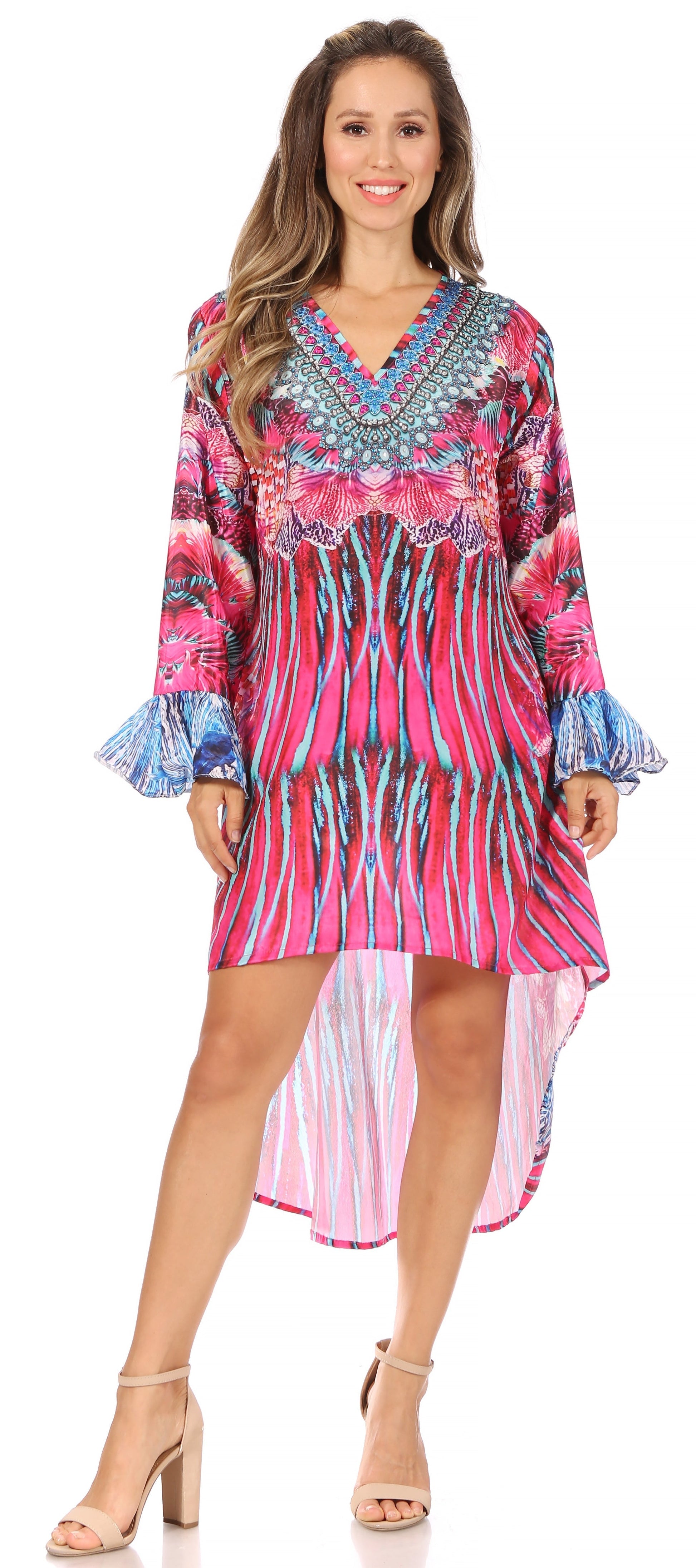 Sakkas Rema Women's Boho Shift Tunic High Low V-neck Long Sleeve Dress with Print - Concordia Style Boutique