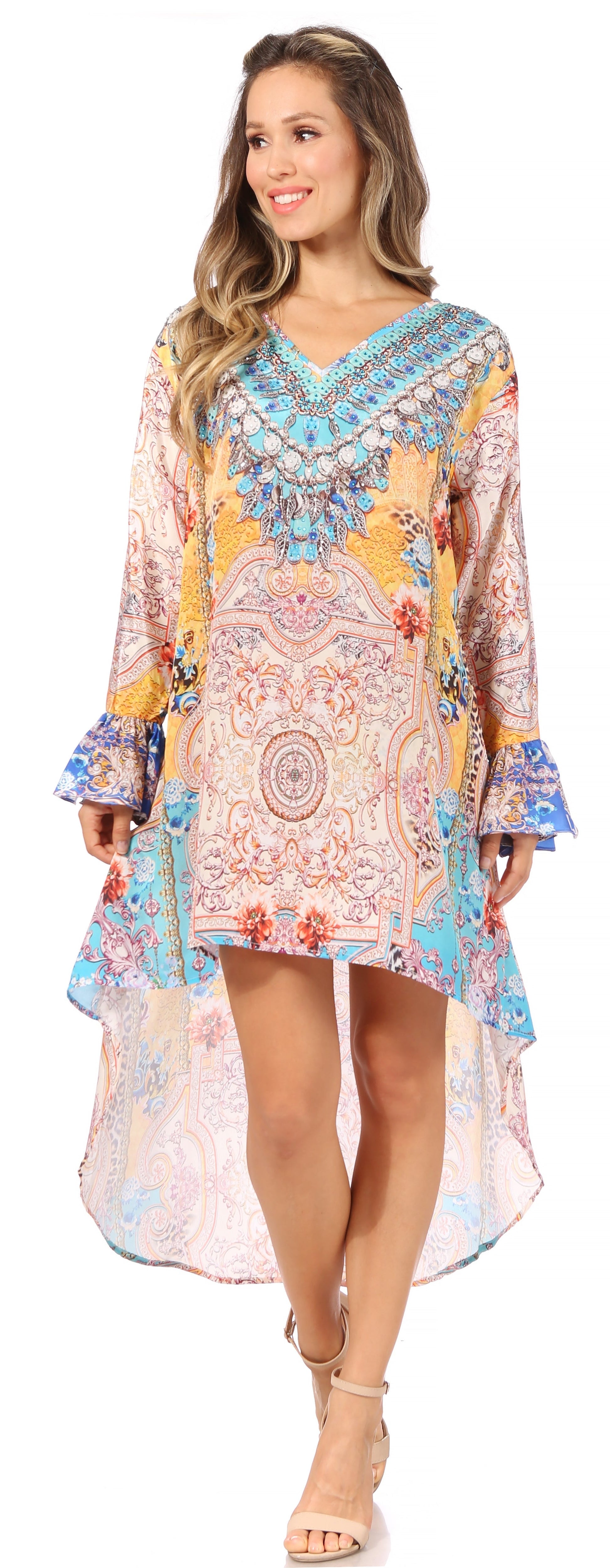 Sakkas Rema Women's Boho Shift Tunic High Low V-neck Long Sleeve Dress with Print - Concordia Style Boutique