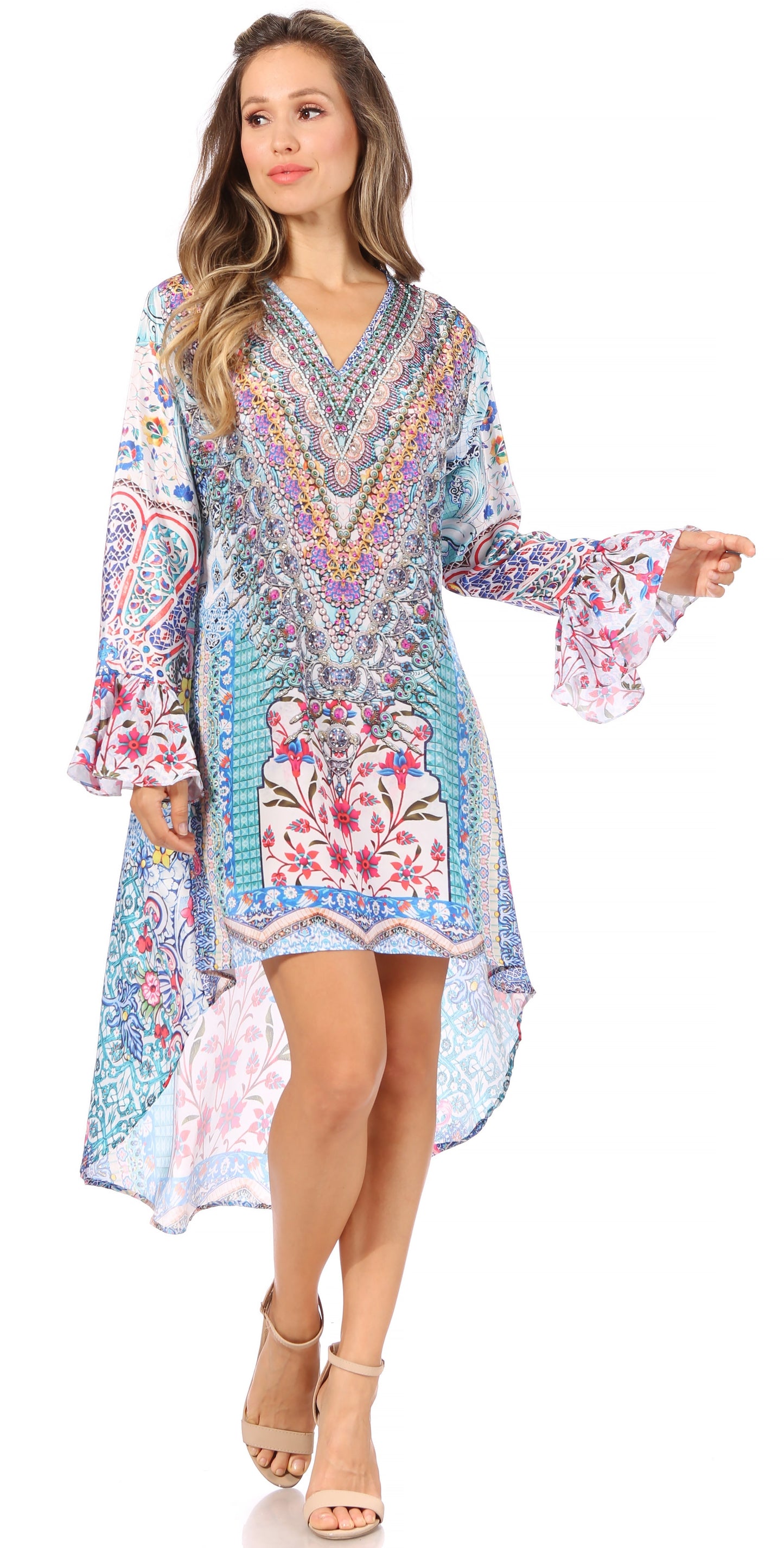 Sakkas Rema Women's Boho Shift Tunic High Low V-neck Long Sleeve Dress with Print - Concordia Style Boutique