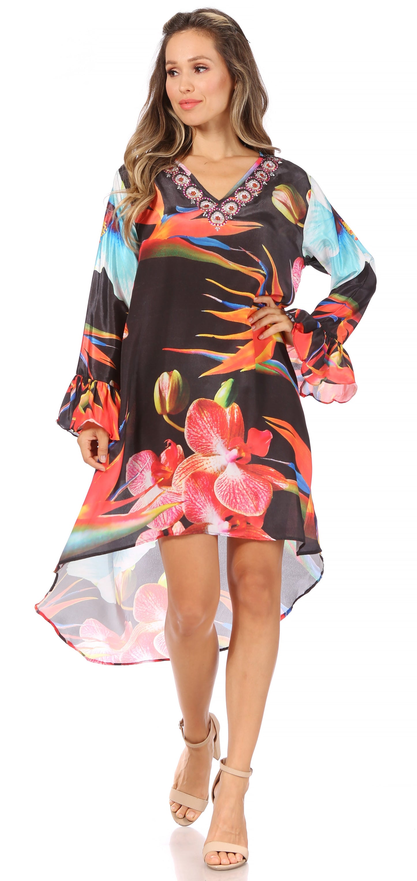 Sakkas Rema Women's Boho Shift Tunic High Low V-neck Long Sleeve Dress with Print - Concordia Style Boutique