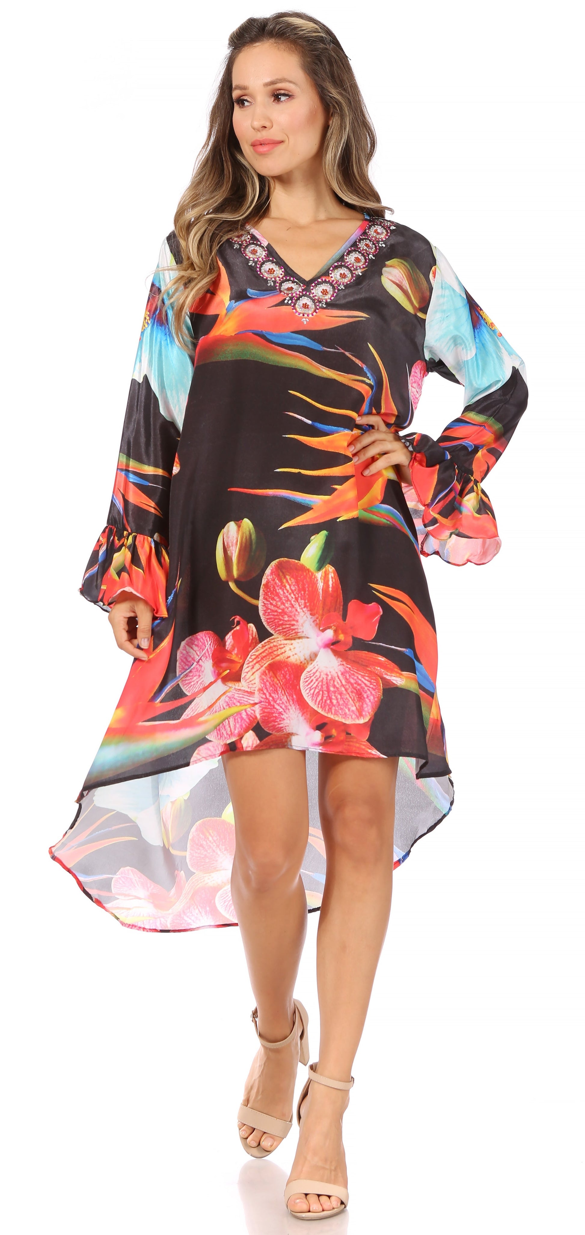 Sakkas Rema Women's Boho Shift Tunic High Low V-neck Long Sleeve Dress with Print - Concordia Style Boutique